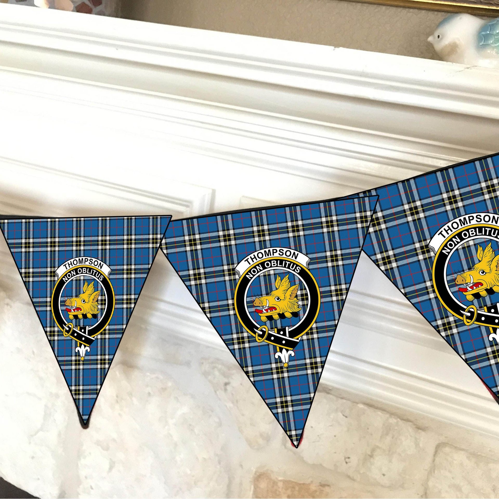 ScotsTee Shop Scottish Thompson Dress Blue Modern Crest Tartan Triangle Flags Tartan Bunting, Pennants (12pcs)