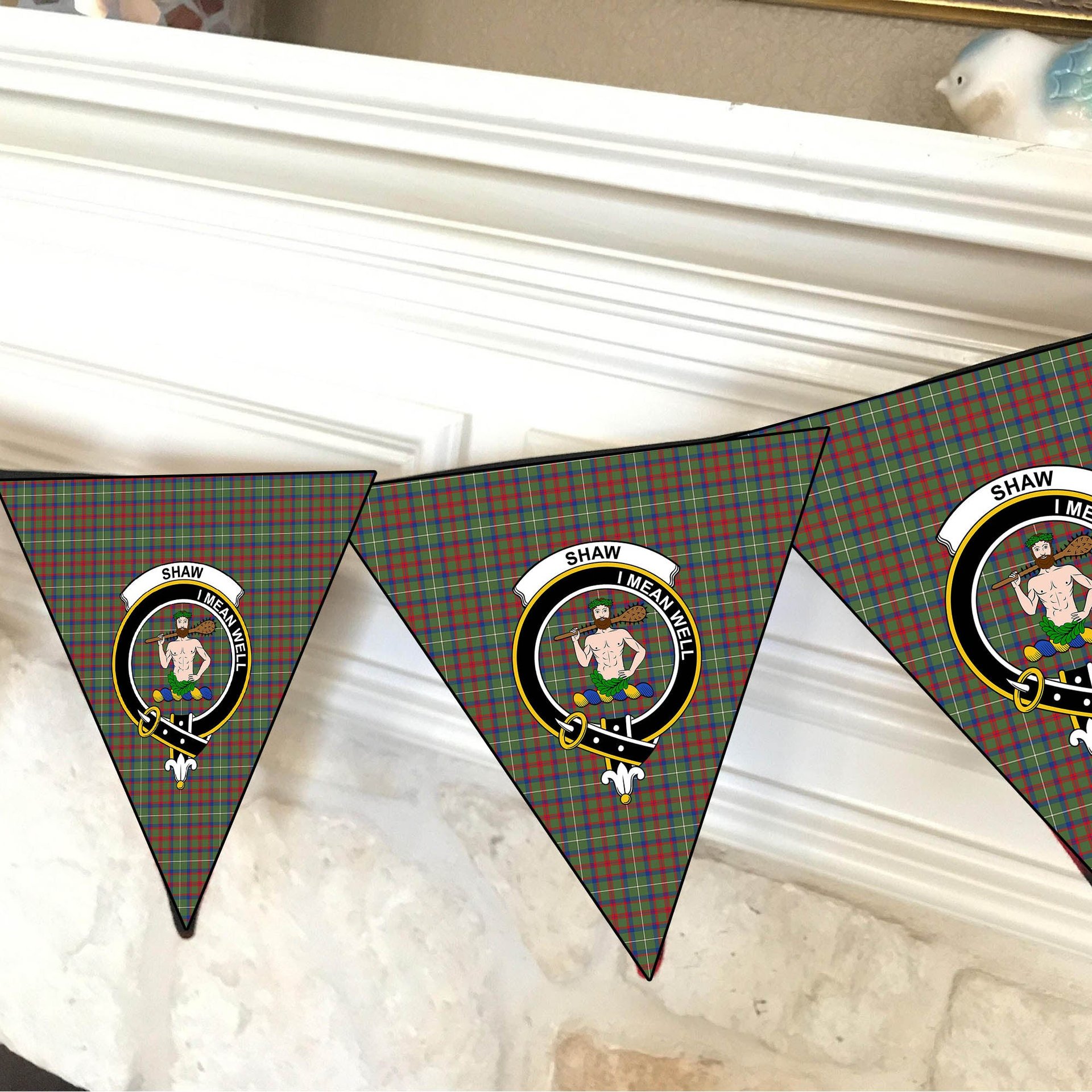 ScotsTee Shop Scottish Shaw Green Modern Crest Tartan Triangle Flags Tartan Bunting, Pennants (12pcs)