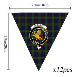 ScotsTee Shop Scottish Nicolson Green Hunting Crest Tartan Triangle Flags Tartan Bunting, Pennants (12pcs)