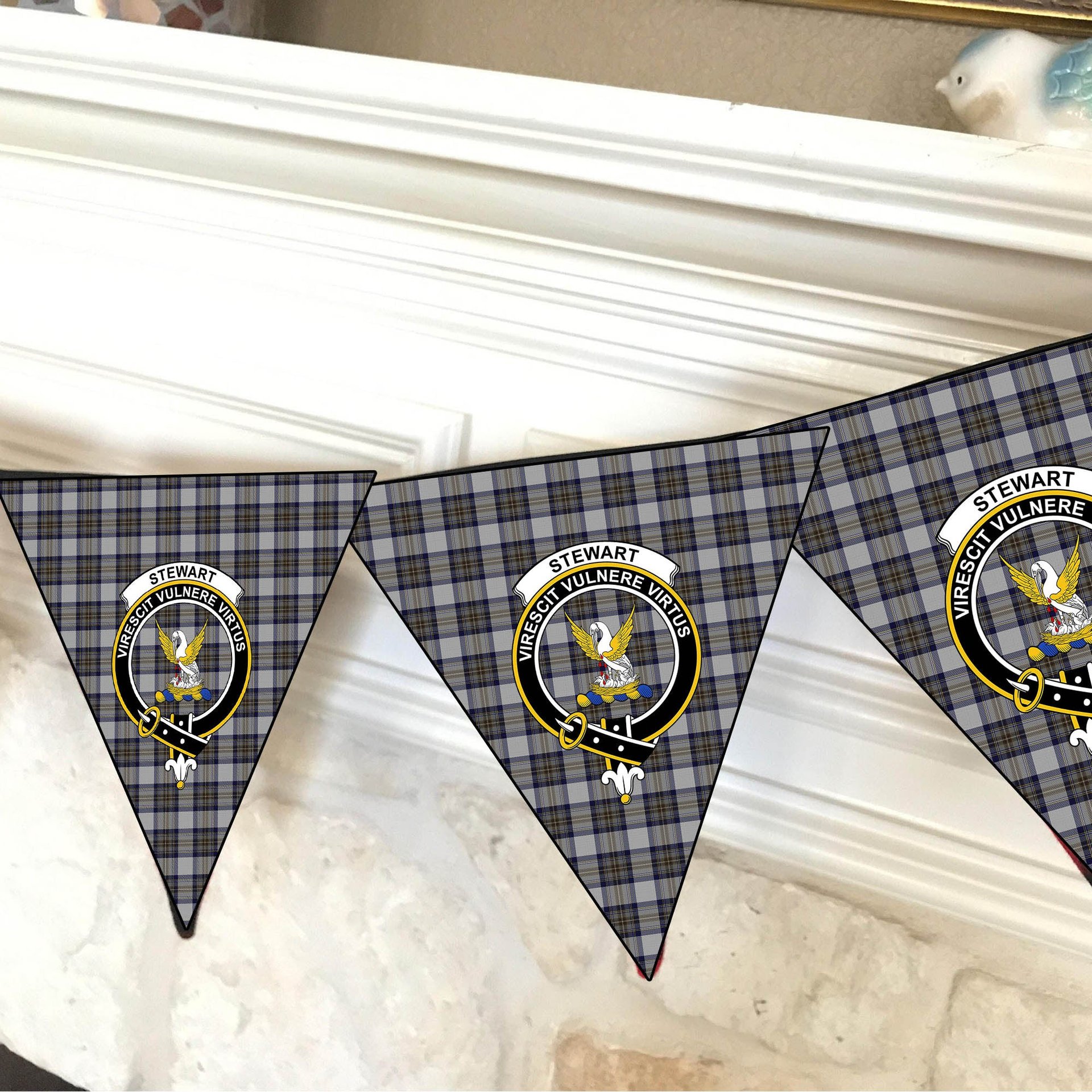 ScotsTee Shop Scottish Stewart Dress Blue Crest Tartan Triangle Flags Tartan Bunting, Pennants (12pcs)