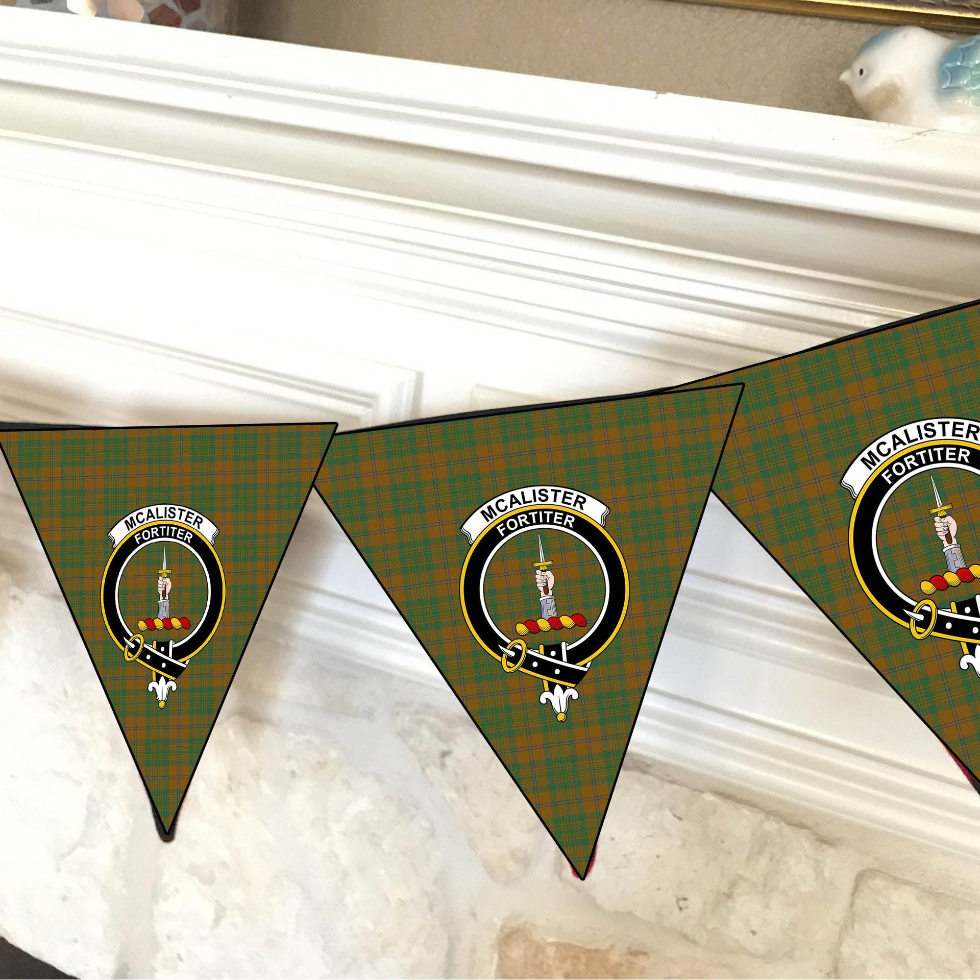 ScotsTee Shop Scottish McAlister of Glenbarr Hunting Modern Crest Tartan Triangle Flags Tartan Bunting, Pennants (12pcs)