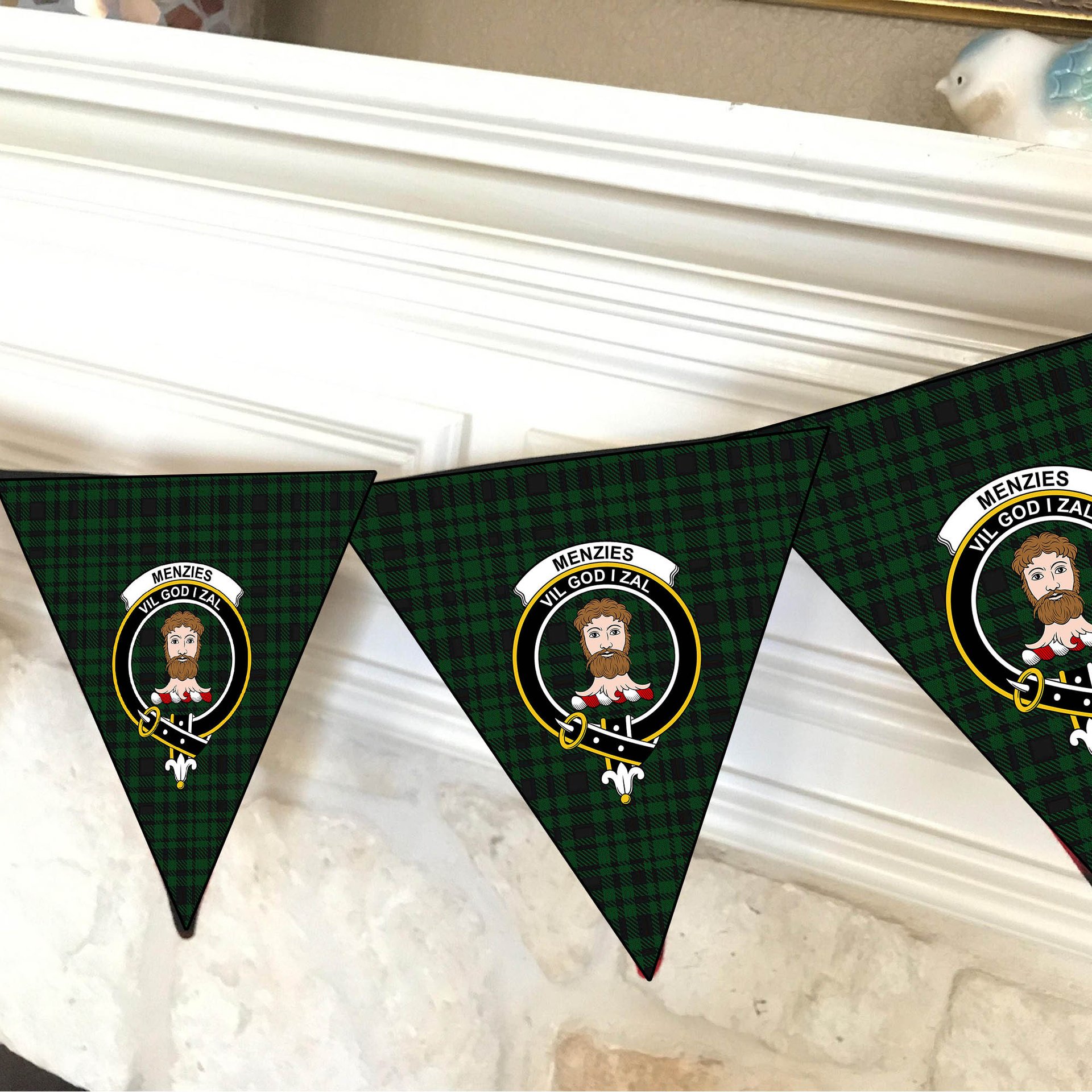 ScotsTee Shop Scottish Menzies Green Crest Tartan Triangle Flags Tartan Bunting, Pennants (12pcs)