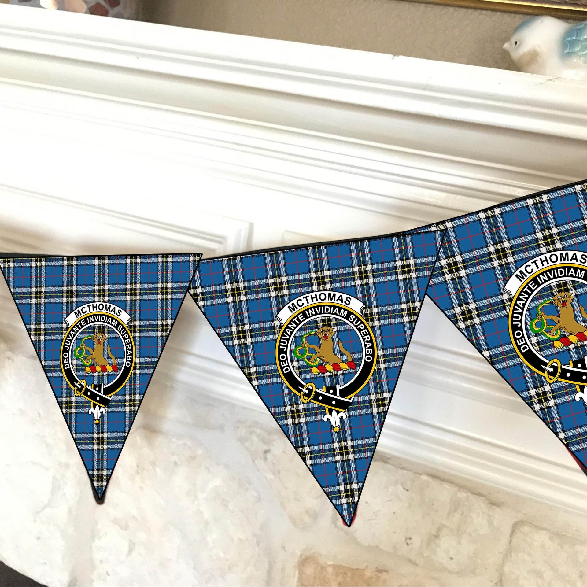 ScotsTee Shop Scottish McThomas Blue Modern Crest Tartan Triangle Flags Tartan Bunting, Pennants (12pcs)