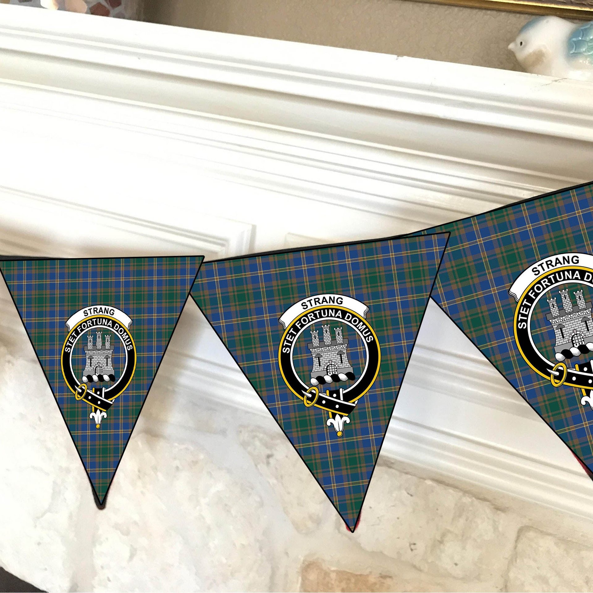 ScotsTee Shop Scottish Strang of Balkaskie Modern Crest Tartan Triangle Flags Tartan Bunting, Pennants (12pcs)