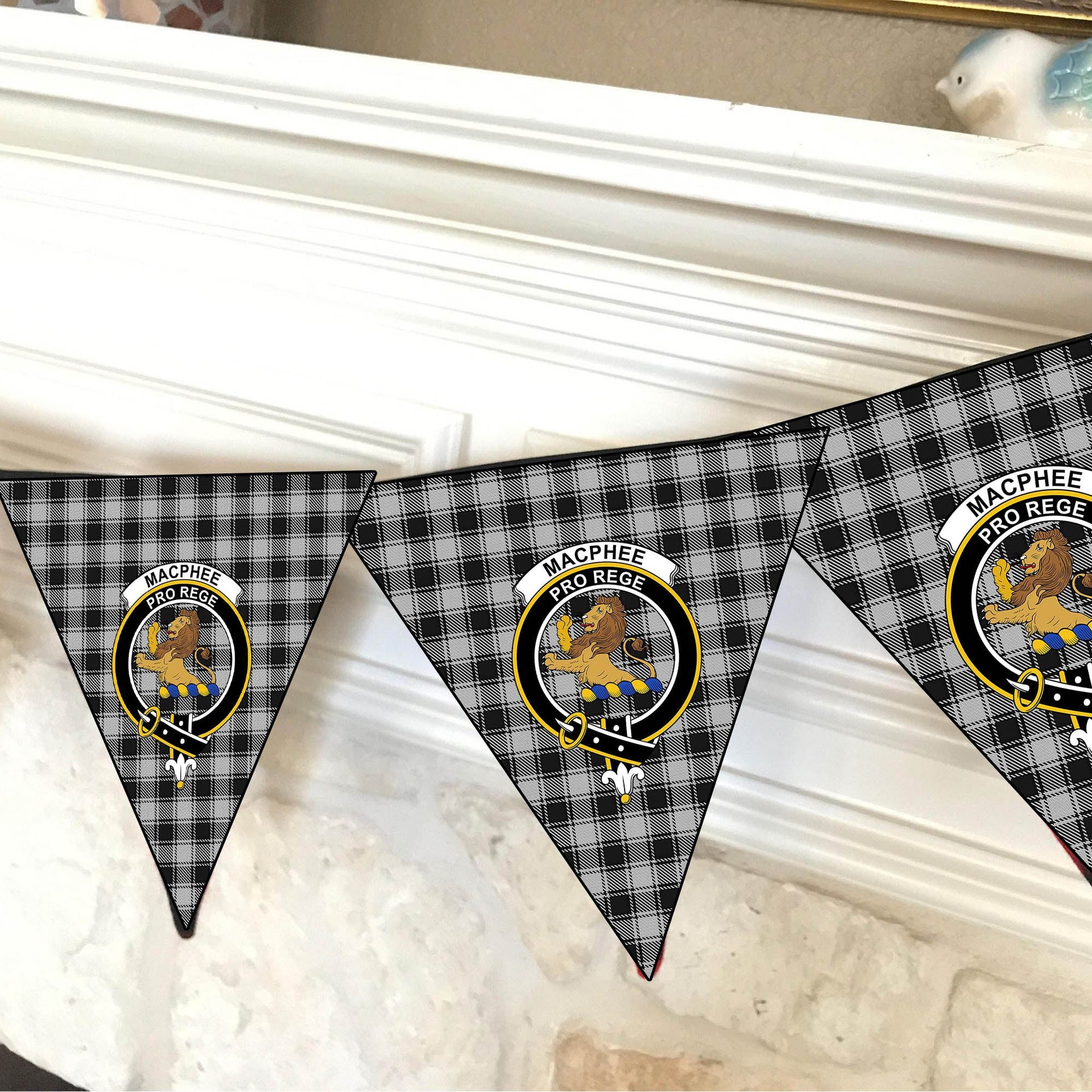 ScotsTee Shop Scottish MacPhee Black and White Crest Tartan Triangle Flags Tartan Bunting, Pennants (12pcs)