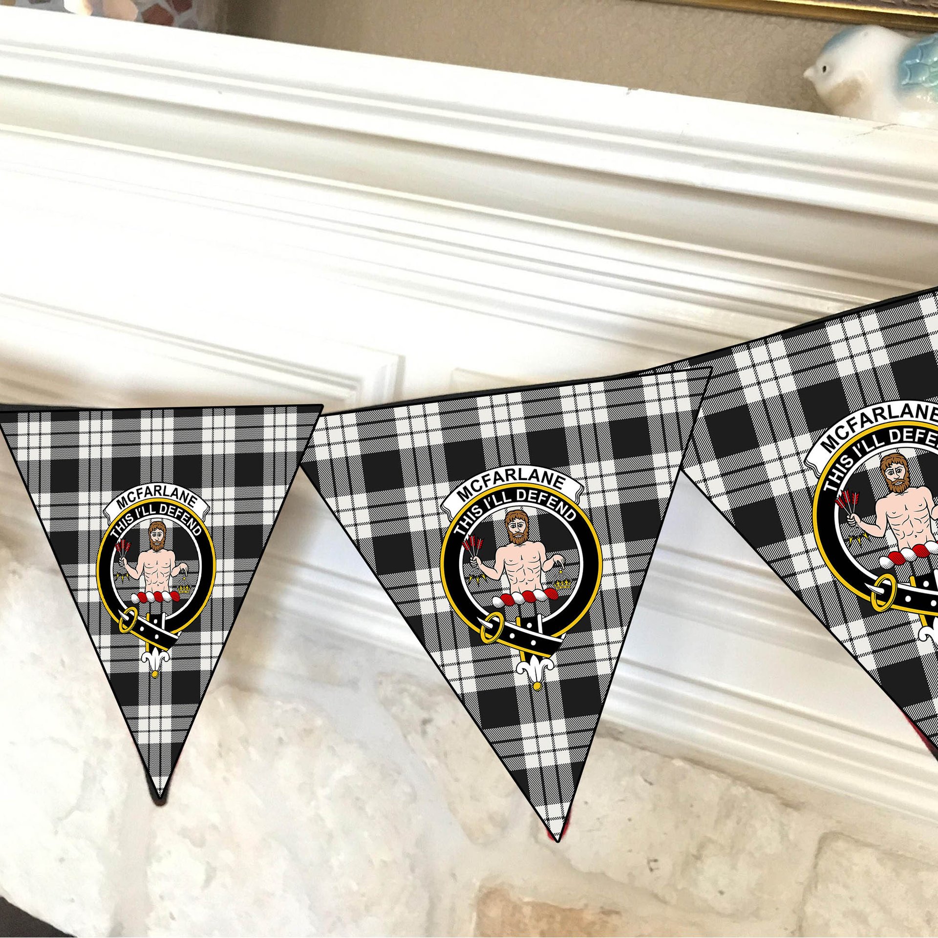 ScotsTee Shop Scottish McFarlane Black White Crest Tartan Triangle Flags Tartan Bunting, Pennants (12pcs)