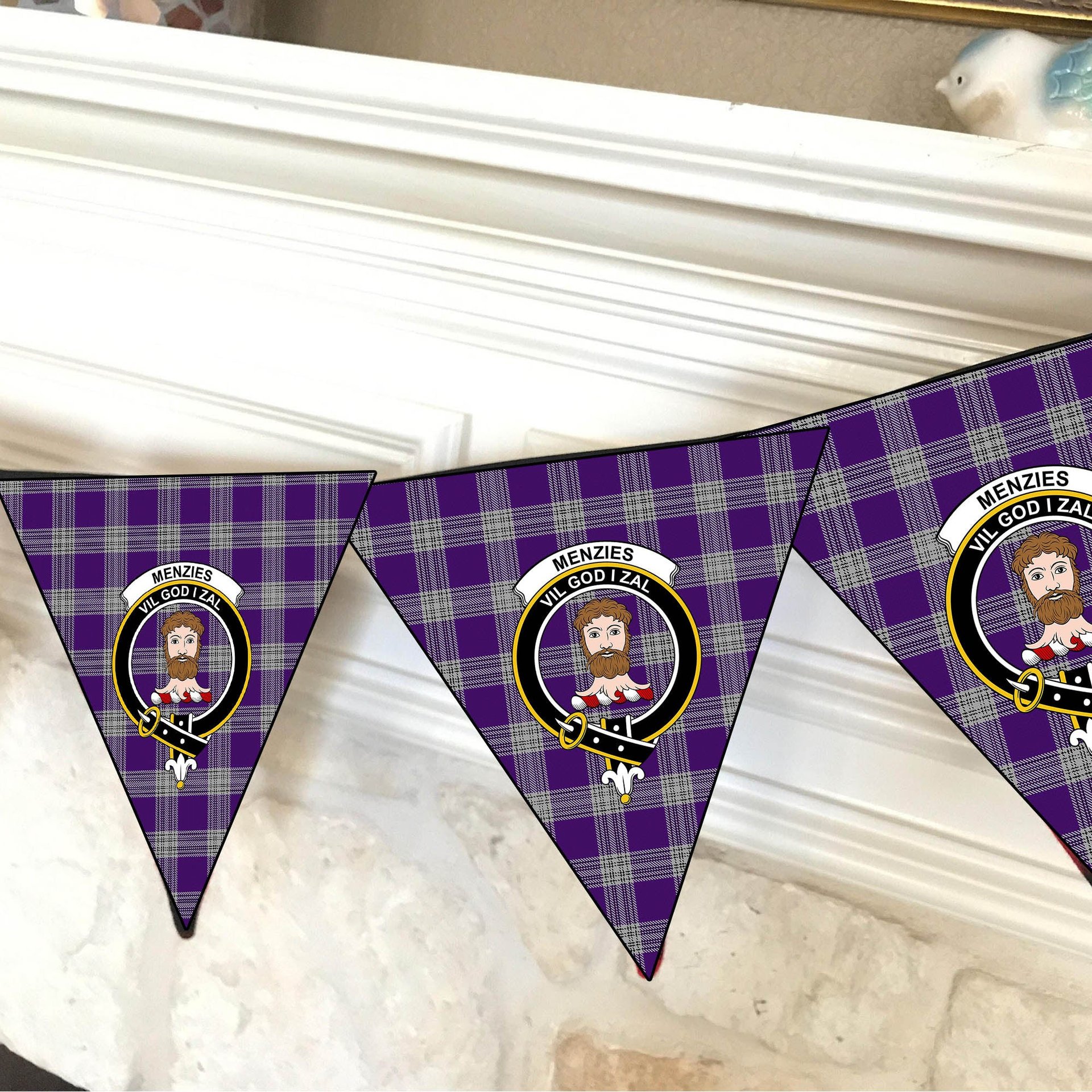 ScotsTee Shop Scottish Menzies Mauve and White Crest Tartan Triangle Flags Tartan Bunting, Pennants (12pcs)