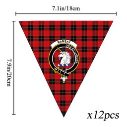 ScotsTee Shop Scottish Ramsay of Dalhousie (Ramsay Red) Modern Crest Tartan Triangle Flags Tartan Bunting, Pennants (12pcs)