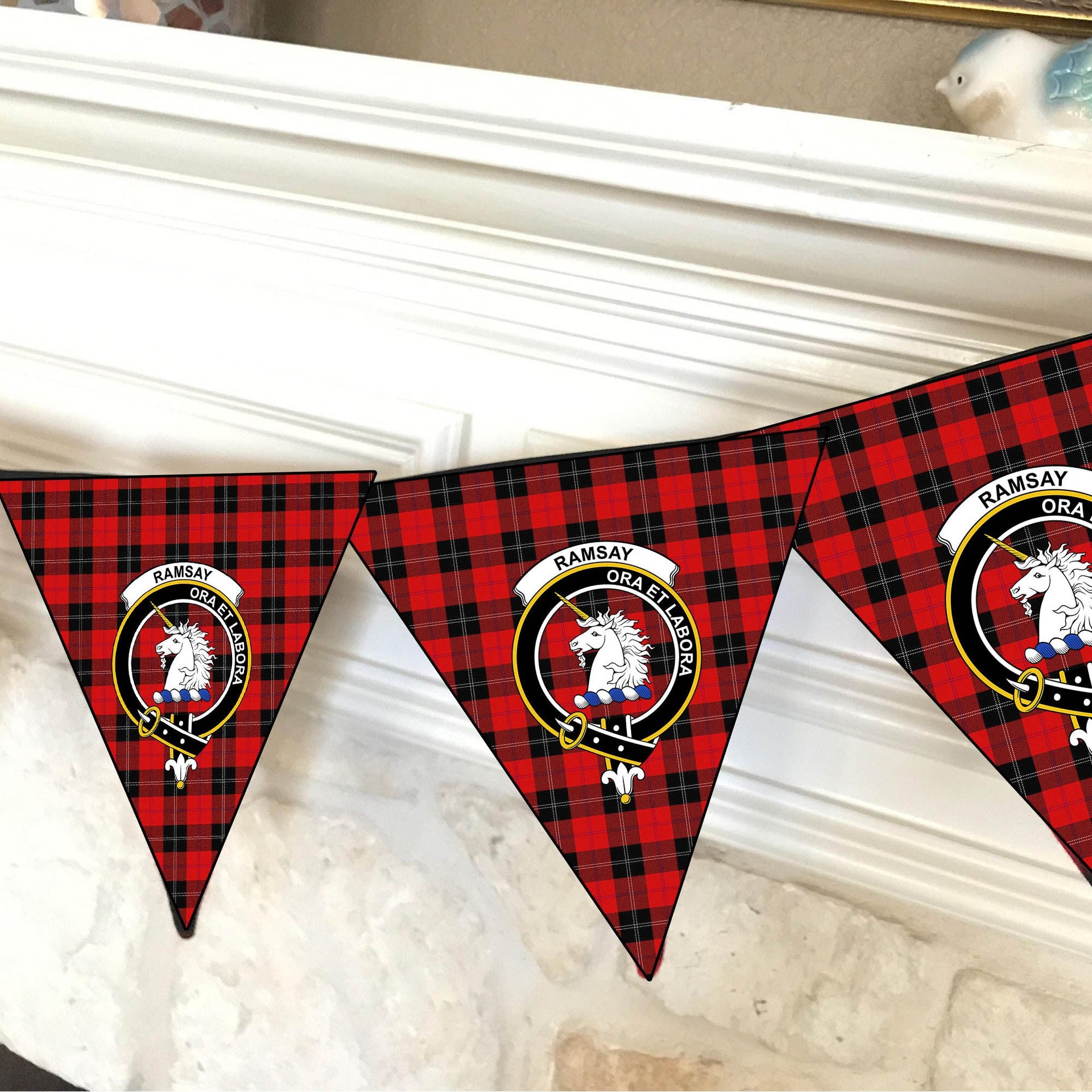 ScotsTee Shop Scottish Ramsay of Dalhousie (Ramsay Red) Modern Crest Tartan Triangle Flags Tartan Bunting, Pennants (12pcs)