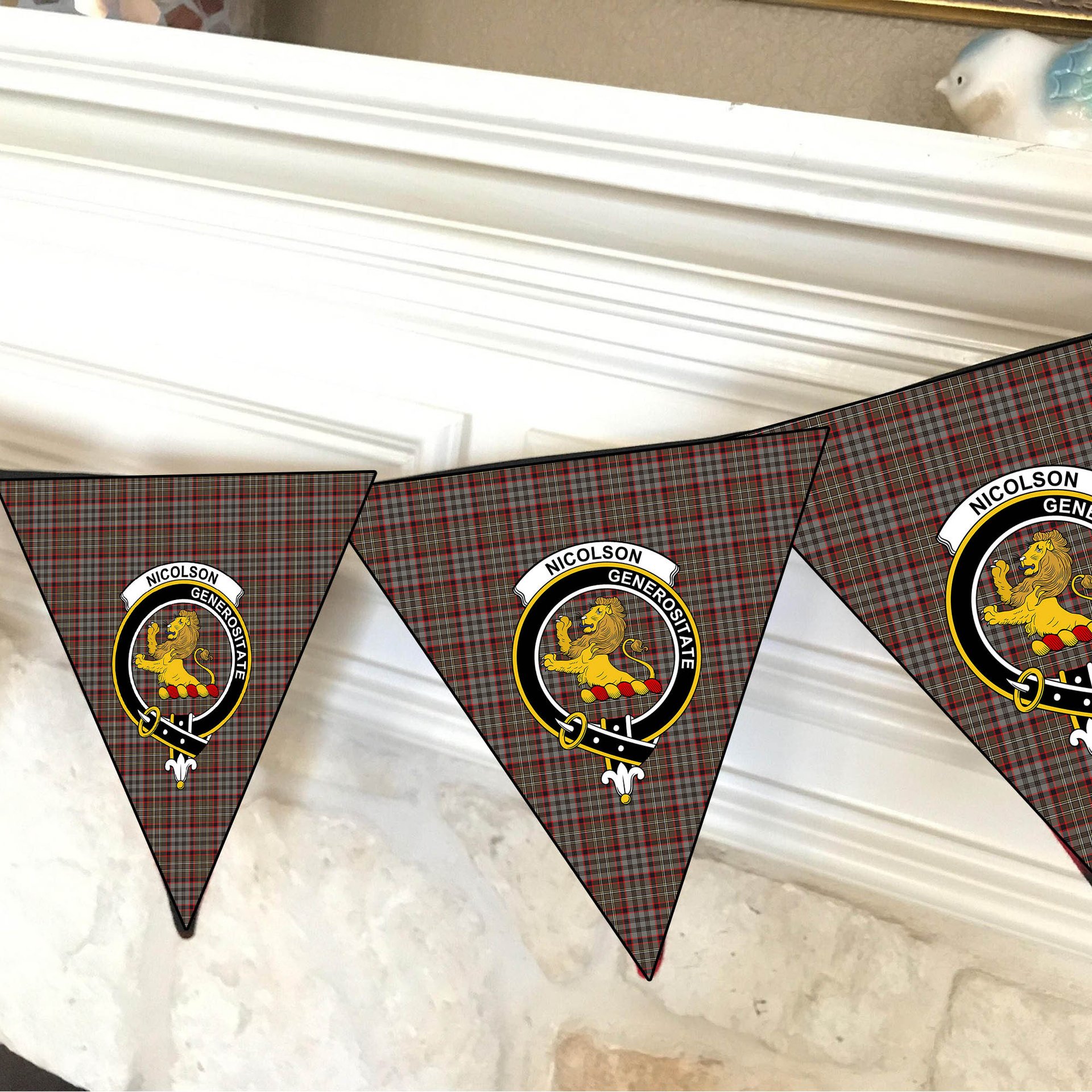 ScotsTee Shop Scottish Nicolson Hunting Weathered Crest Tartan Triangle Flags Tartan Bunting, Pennants (12pcs)