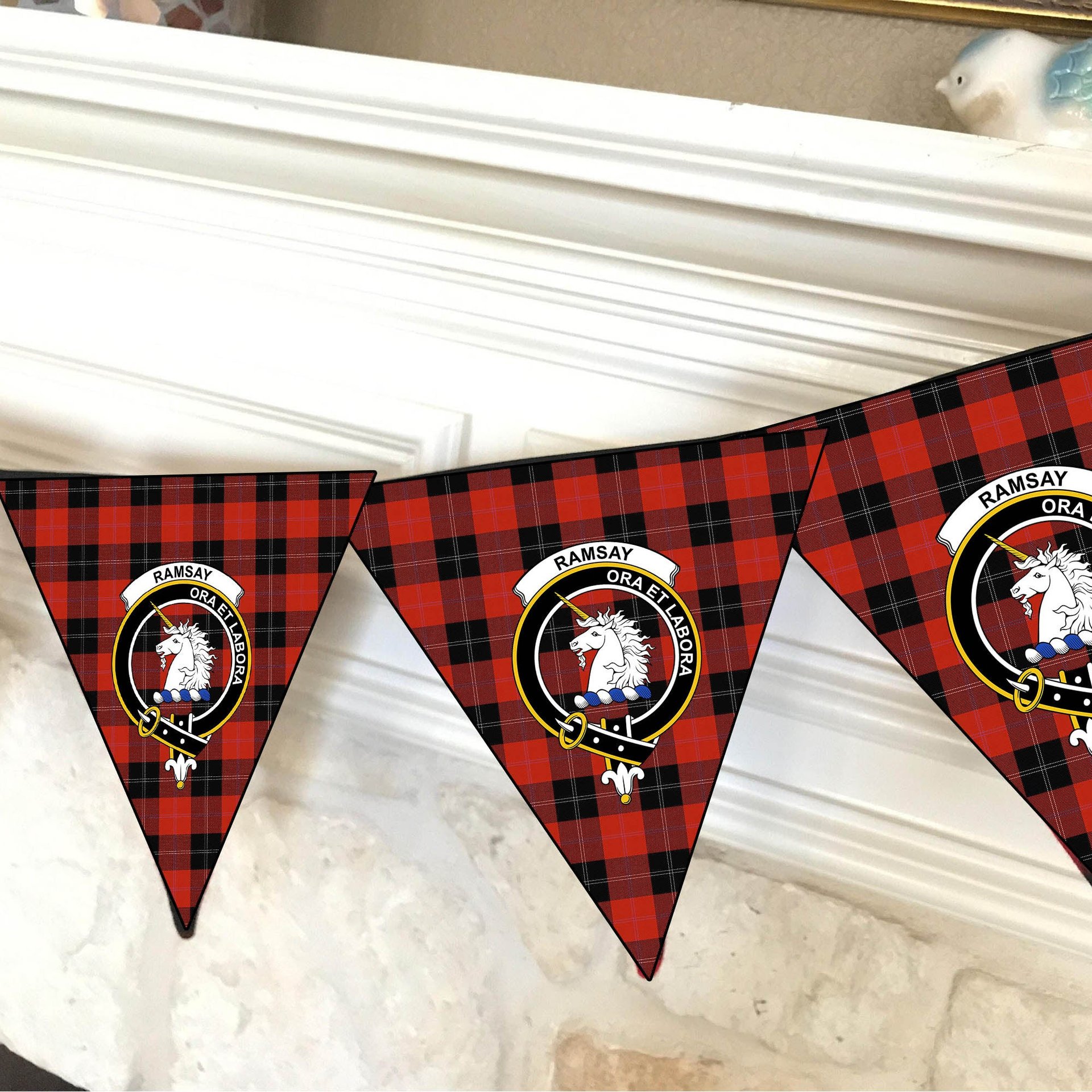 ScotsTee Shop Scottish Ramsay of Dalhousie (Ramsay Red) Ancient Crest Tartan Triangle Flags Tartan Bunting, Pennants (12pcs)