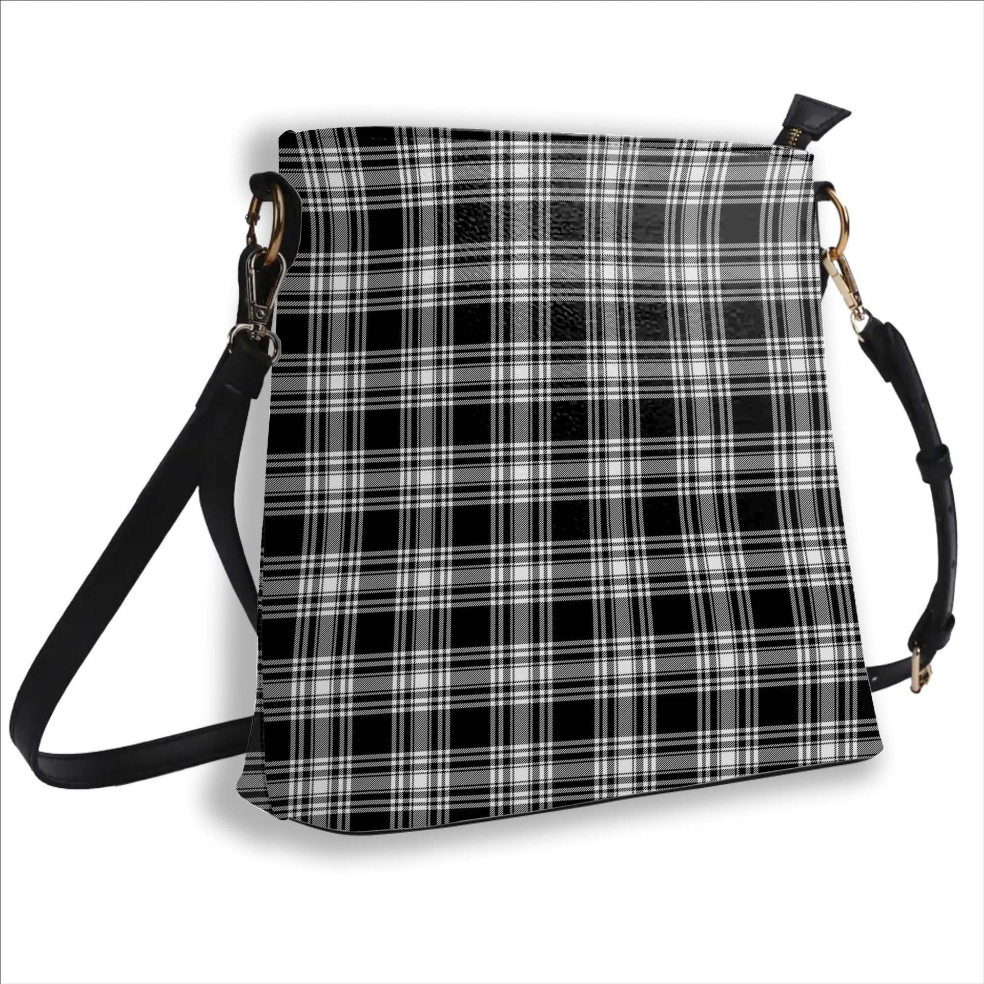 ScotsTee Shop Scottish Menzies Black & White Modern Tartan Bucket Bag Ladies Shoulder Bag Midi