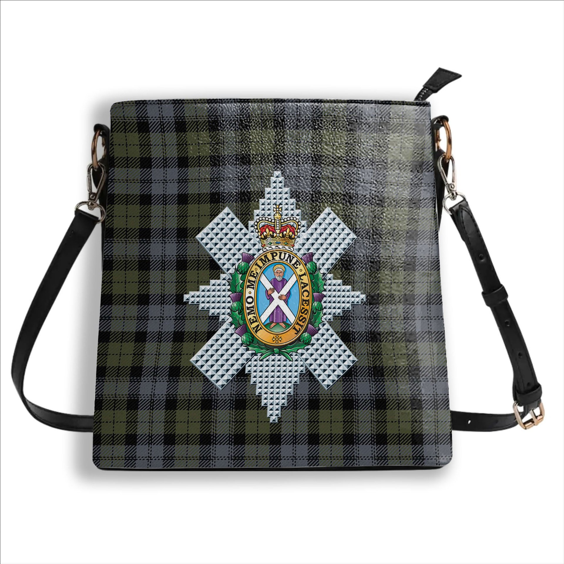 ScotsTee Shop Scottish Black Watch Large Sett Ancient Crest Tartan Bucket Bag Ladies Shoulder Bag Midi
