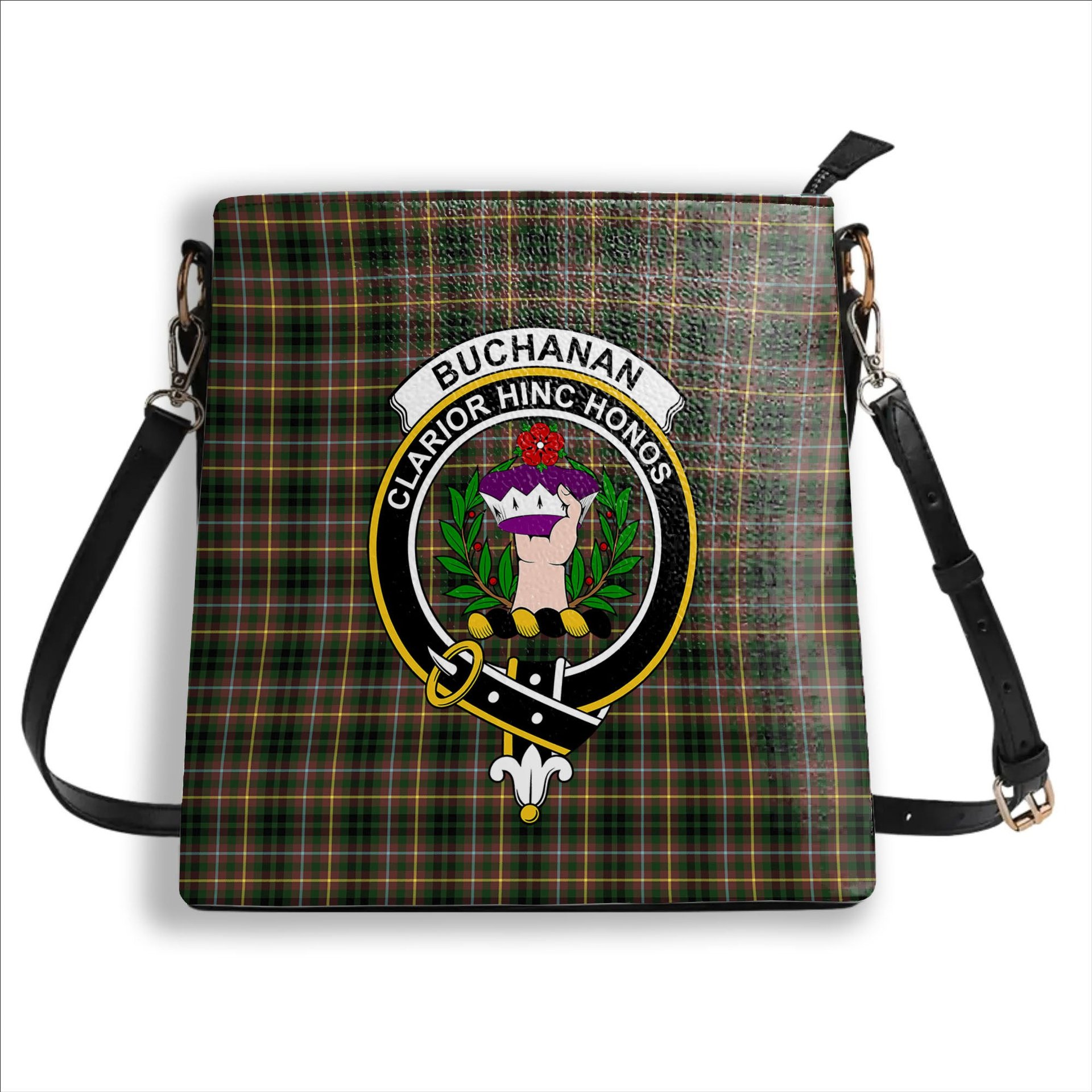 ScotsTee Shop Scottish Buchanan Hunting SC Crest Tartan Bucket Bag Ladies Shoulder Bag Midi