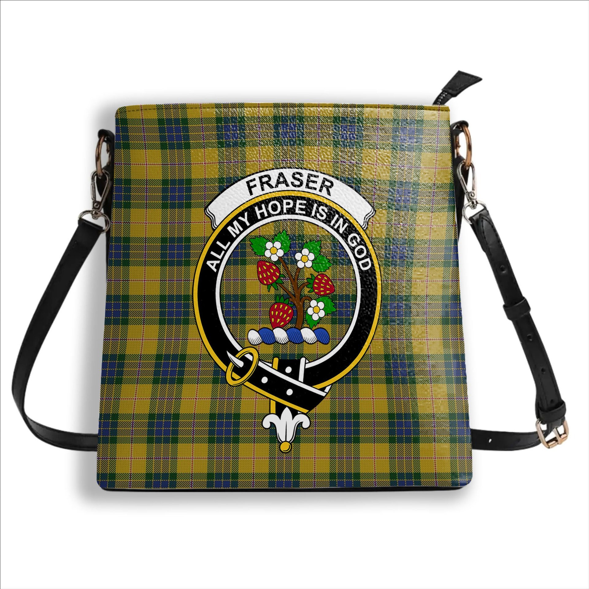 ScotsTee Shop Scottish Fraser Yellow Crest Tartan Bucket Bag Ladies Shoulder Bag Midi