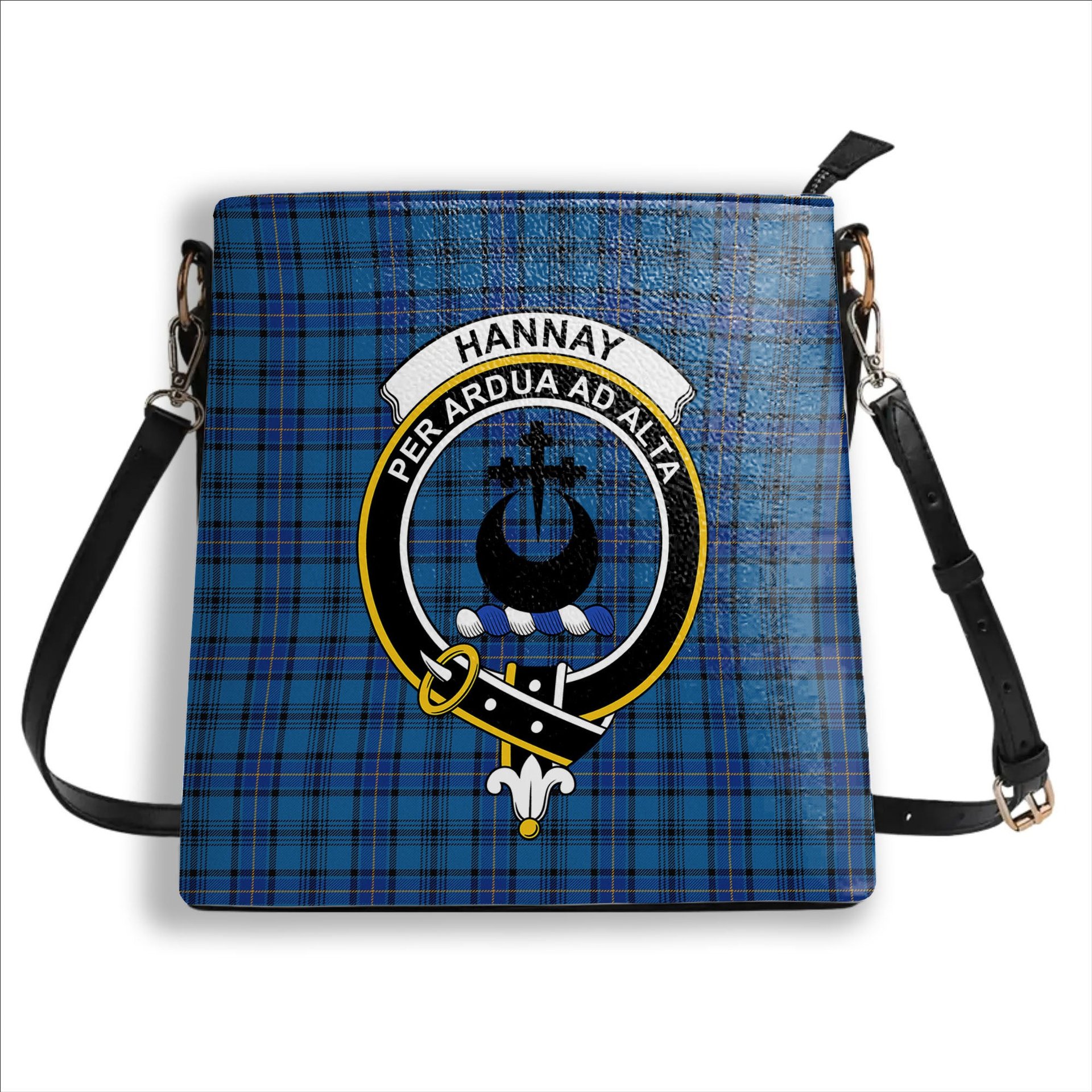 ScotsTee Shop Scottish Hannay Blue Modern Crest Tartan Bucket Bag Ladies Shoulder Bag Midi