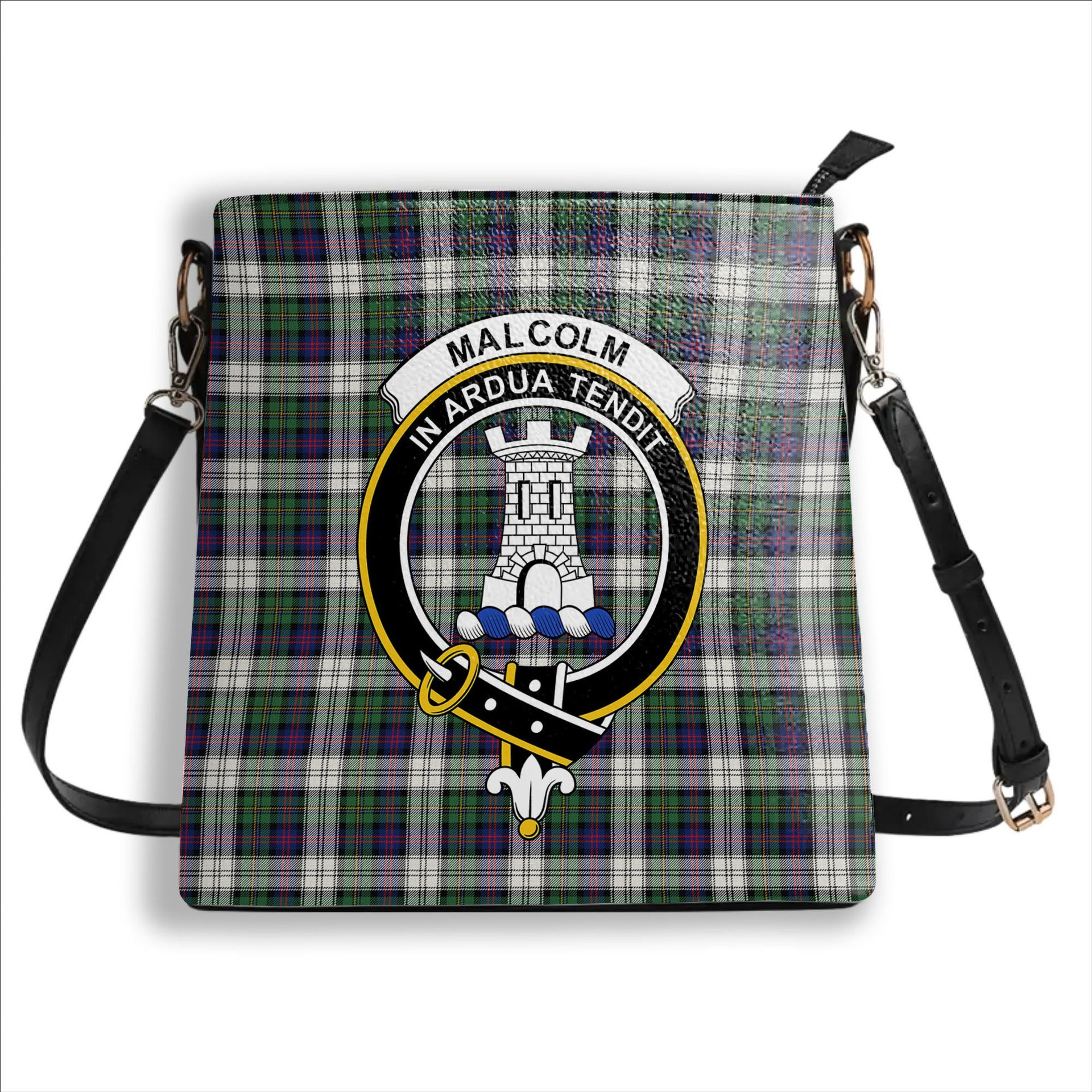 ScotsTee Shop Scottish Malcolm Dress Modern Crest Tartan Bucket Bag Ladies Shoulder Bag Midi