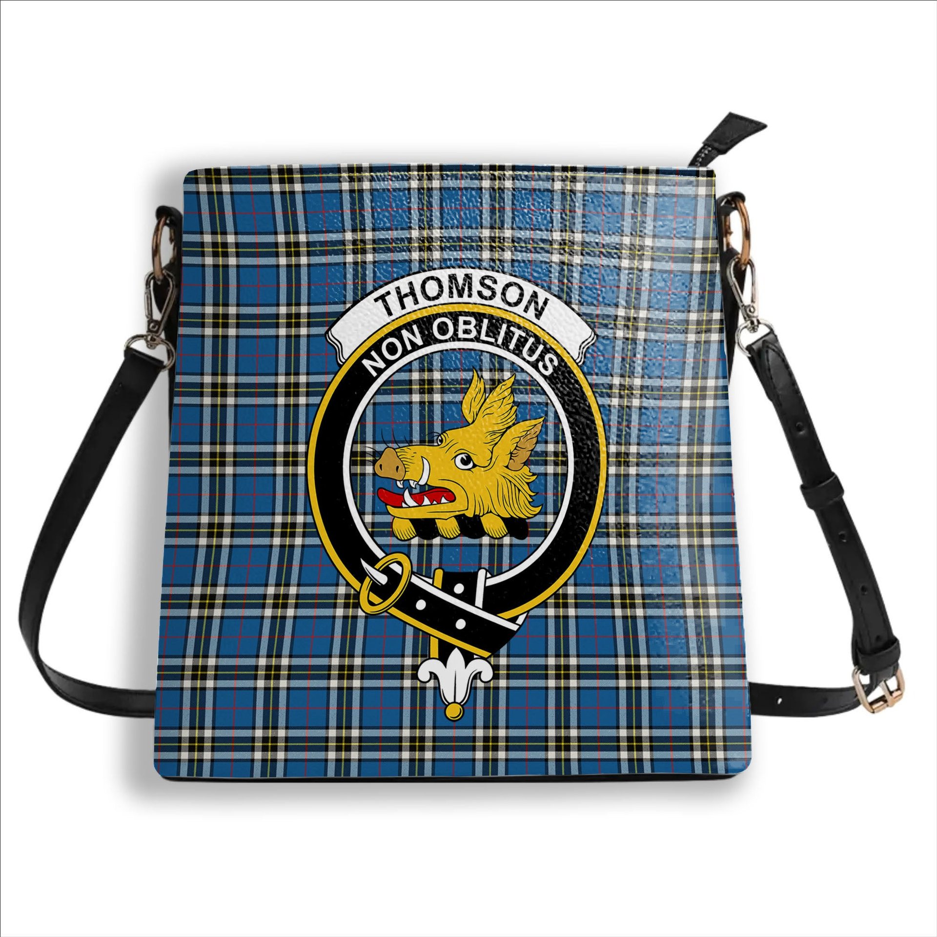 ScotsTee Shop Scottish Thomson Blue Modern Clan Crest Tartan Bucket Bag Ladies Shoulder Bag Midi