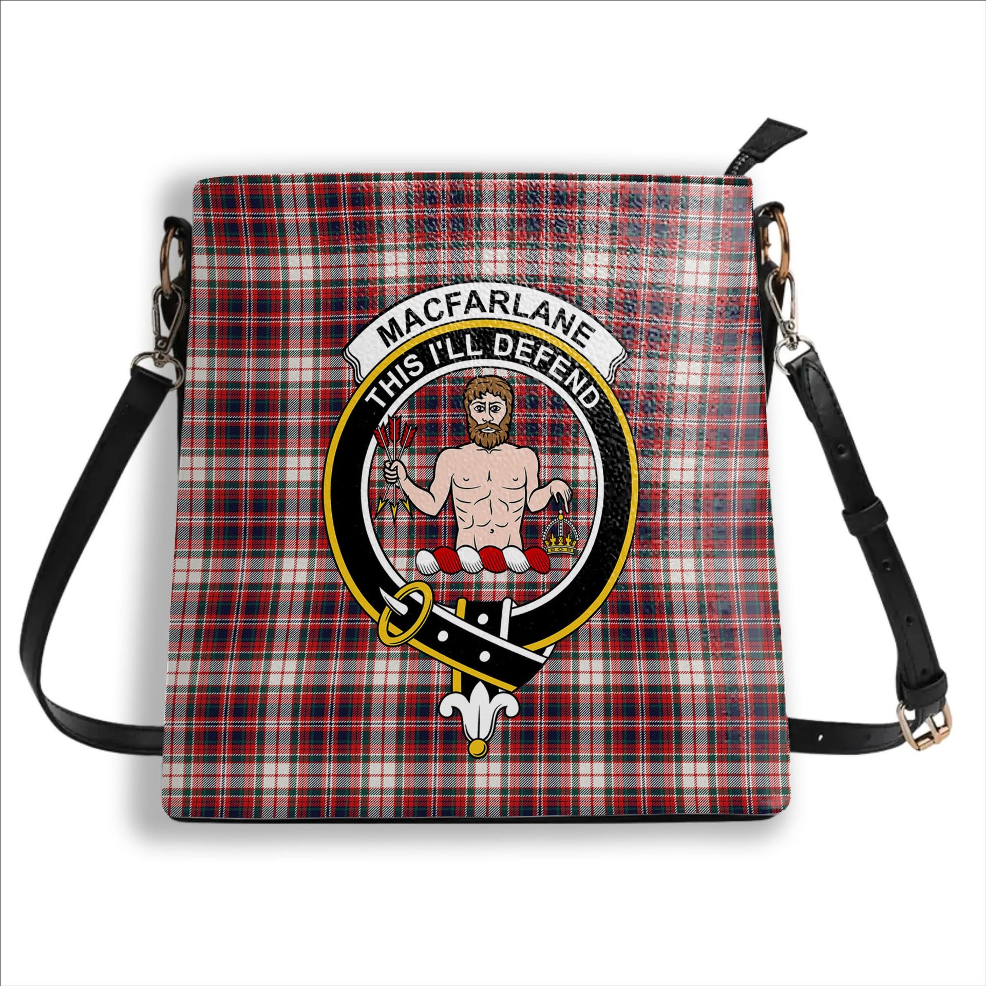 ScotsTee Shop Scottish MacFarlane Dress Modern Crest Tartan Bucket Bag Ladies Shoulder Bag Midi