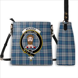 ScotsTee Shop Scottish Menzies Dress Blue and White Crest Tartan Bucket Bag Ladies Shoulder Bag Midi