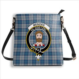 ScotsTee Shop Scottish Menzies Dress Blue and White Crest Tartan Bucket Bag Ladies Shoulder Bag Midi