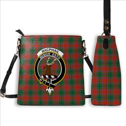 ScotsTee Shop Scottish MacPhail Blue Bands Ancient Crest Tartan Bucket Bag Ladies Shoulder Bag Midi