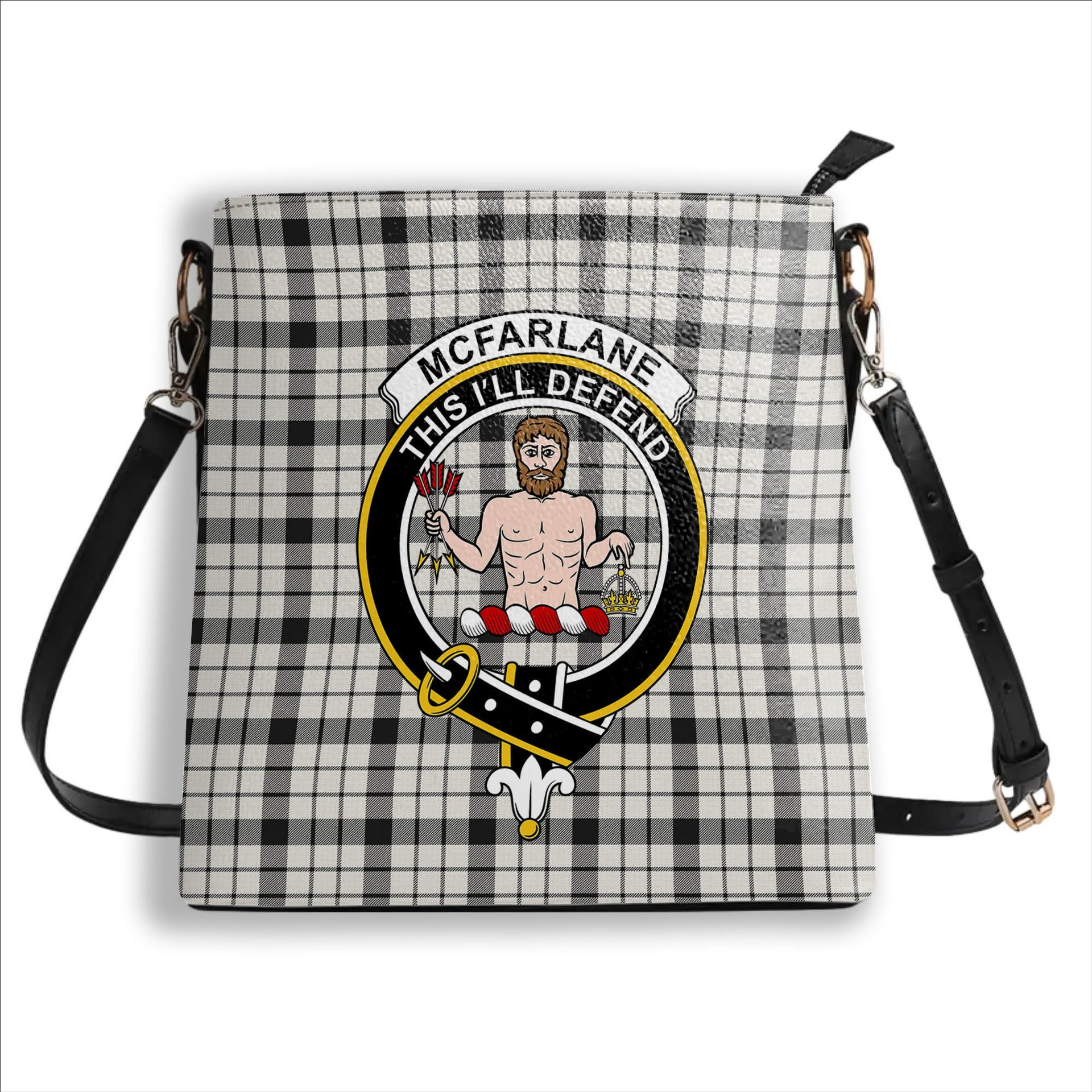 ScotsTee Shop Scottish McFarlane Black White Ancient Crest Tartan Bucket Bag Ladies Shoulder Bag Midi