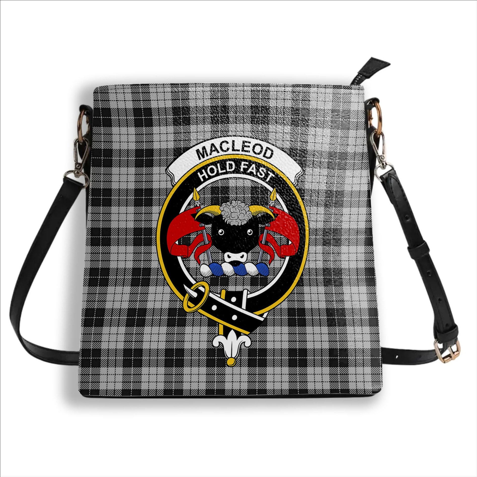 ScotsTee Shop Scottish MacLeod Black and White Crest Tartan Bucket Bag Ladies Shoulder Bag Midi
