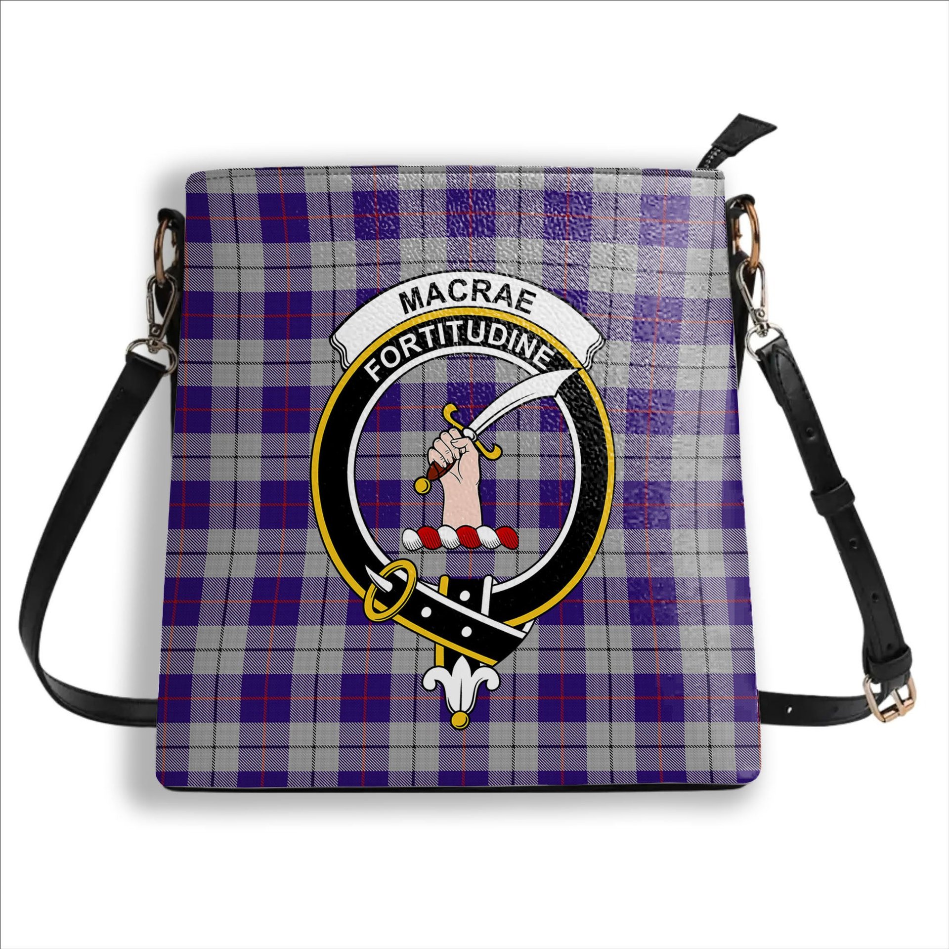 ScotsTee Shop Scottish MacRae Dress Purple 1 Crest Tartan Bucket Bag Ladies Shoulder Bag Midi