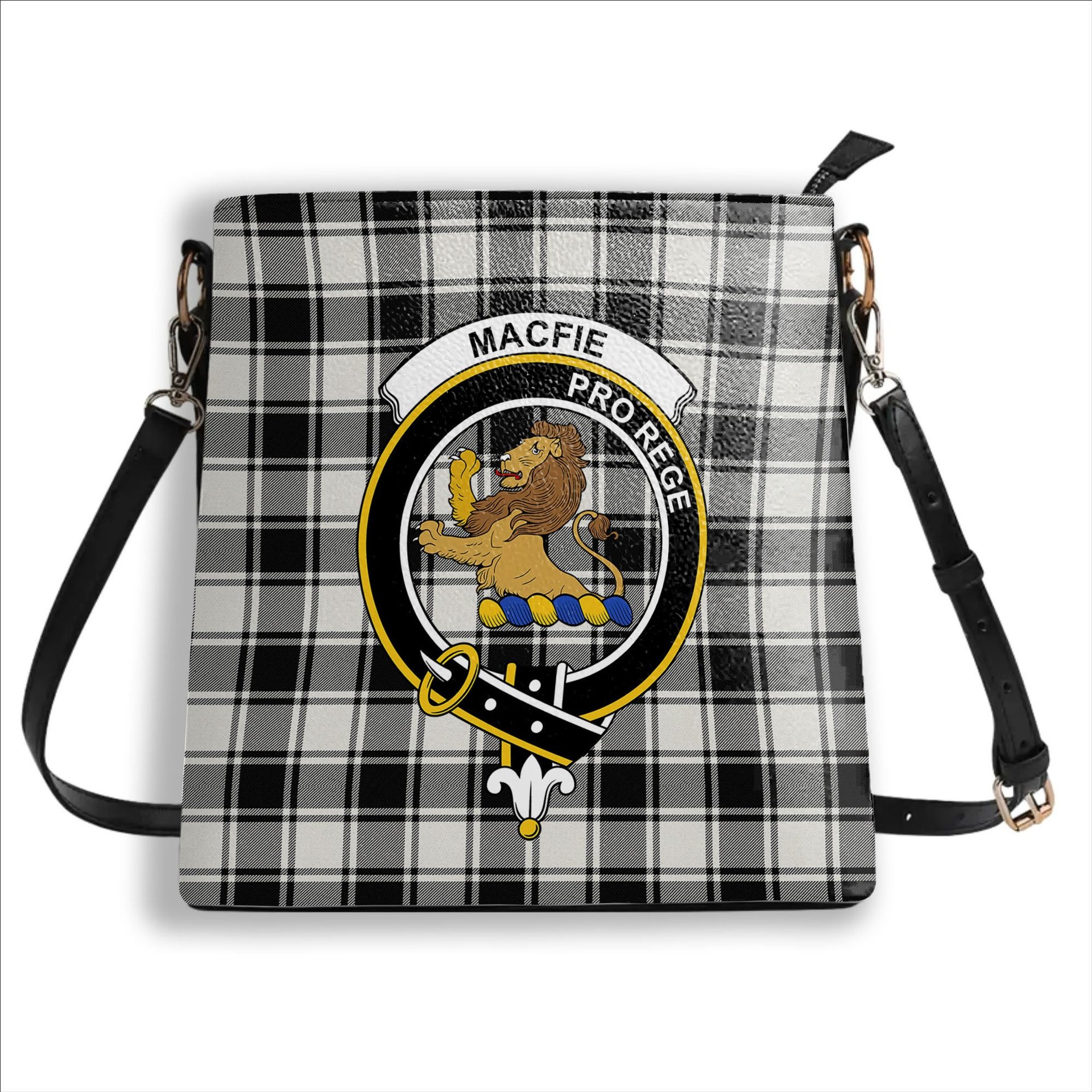 ScotsTee Shop Scottish MacFie Black & White Modern Crest Tartan Bucket Bag Ladies Shoulder Bag Midi