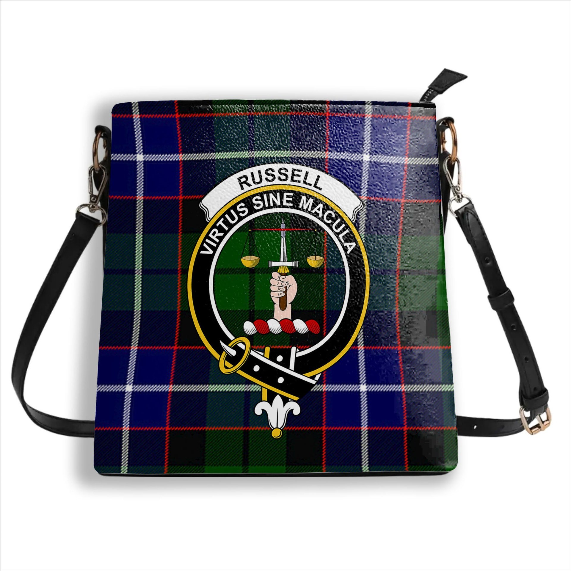 ScotsTee Shop Scottish Russell SC Crest Tartan Bucket Bag Ladies Shoulder Bag Midi
