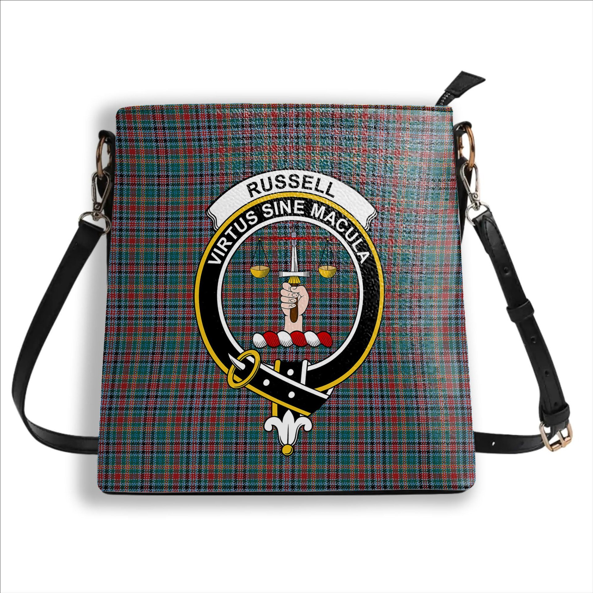 ScotsTee Shop Scottish Russell Old Modern Crest Tartan Bucket Bag Ladies Shoulder Bag Midi