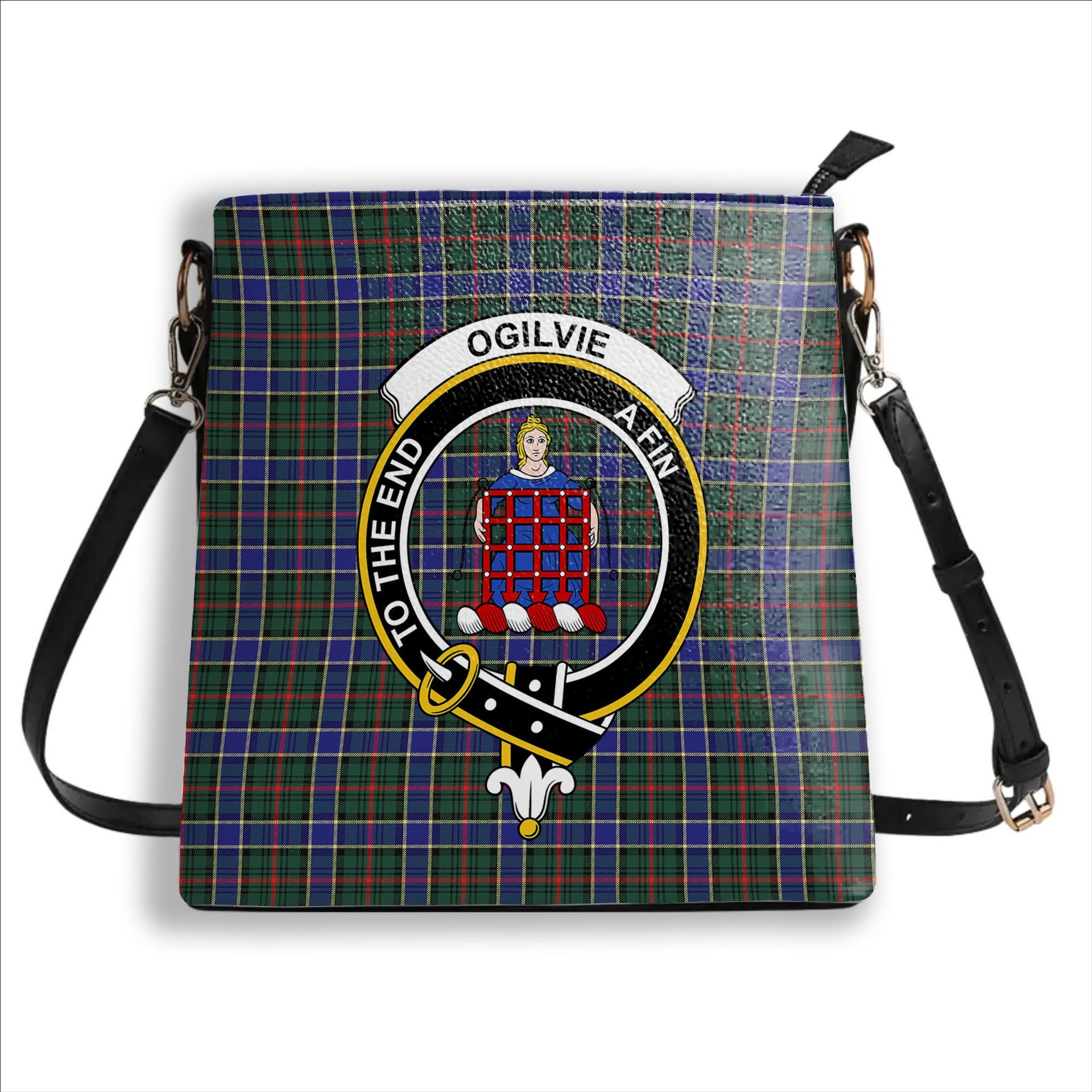 ScotsTee Shop Scottish Ogilvie (Ogilvy) Hunting Modern Crest Tartan Bucket Bag Ladies Shoulder Bag Midi