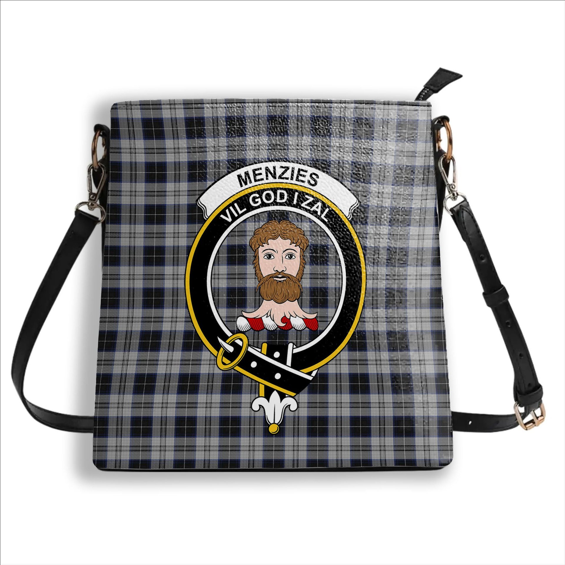 ScotsTee Shop Scottish Menzies Black Dress Crest Tartan Bucket Bag Ladies Shoulder Bag Midi