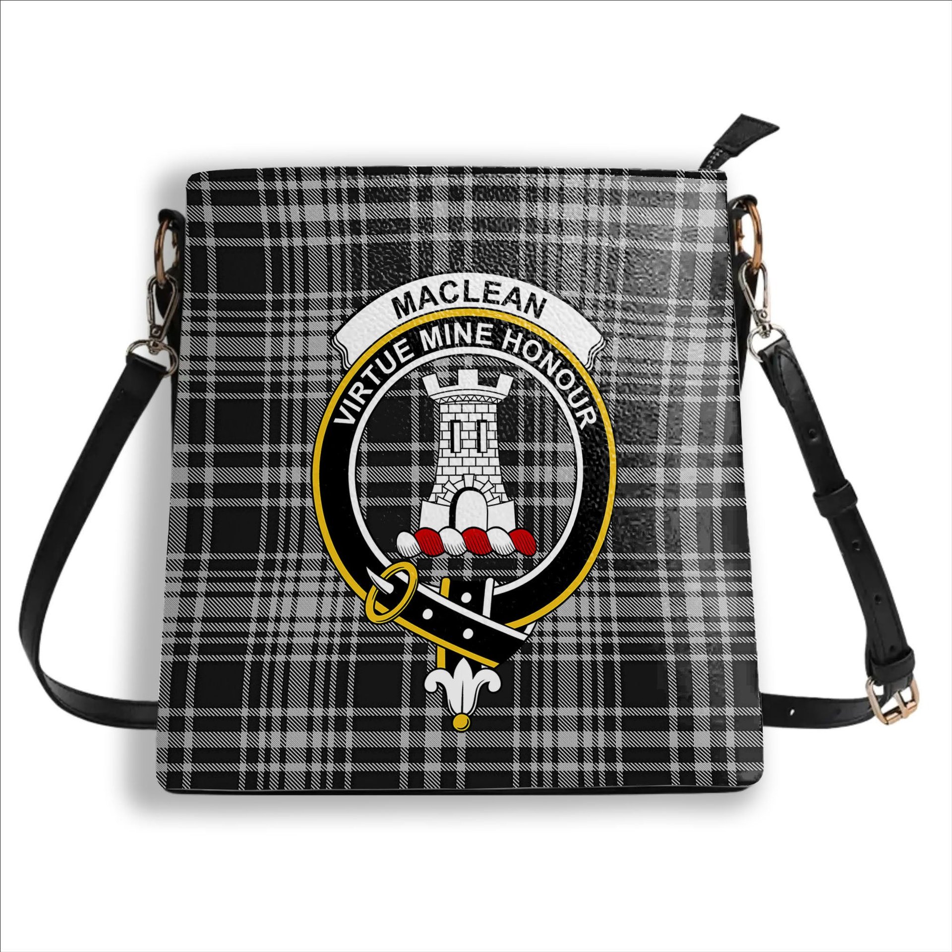 ScotsTee Shop Scottish MacLean Black and White Crest Tartan Bucket Bag Ladies Shoulder Bag Midi