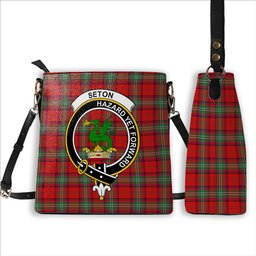 ScotsTee Shop Scottish Seton Modern Crest Tartan Bucket Bag Ladies Shoulder Bag Midi
