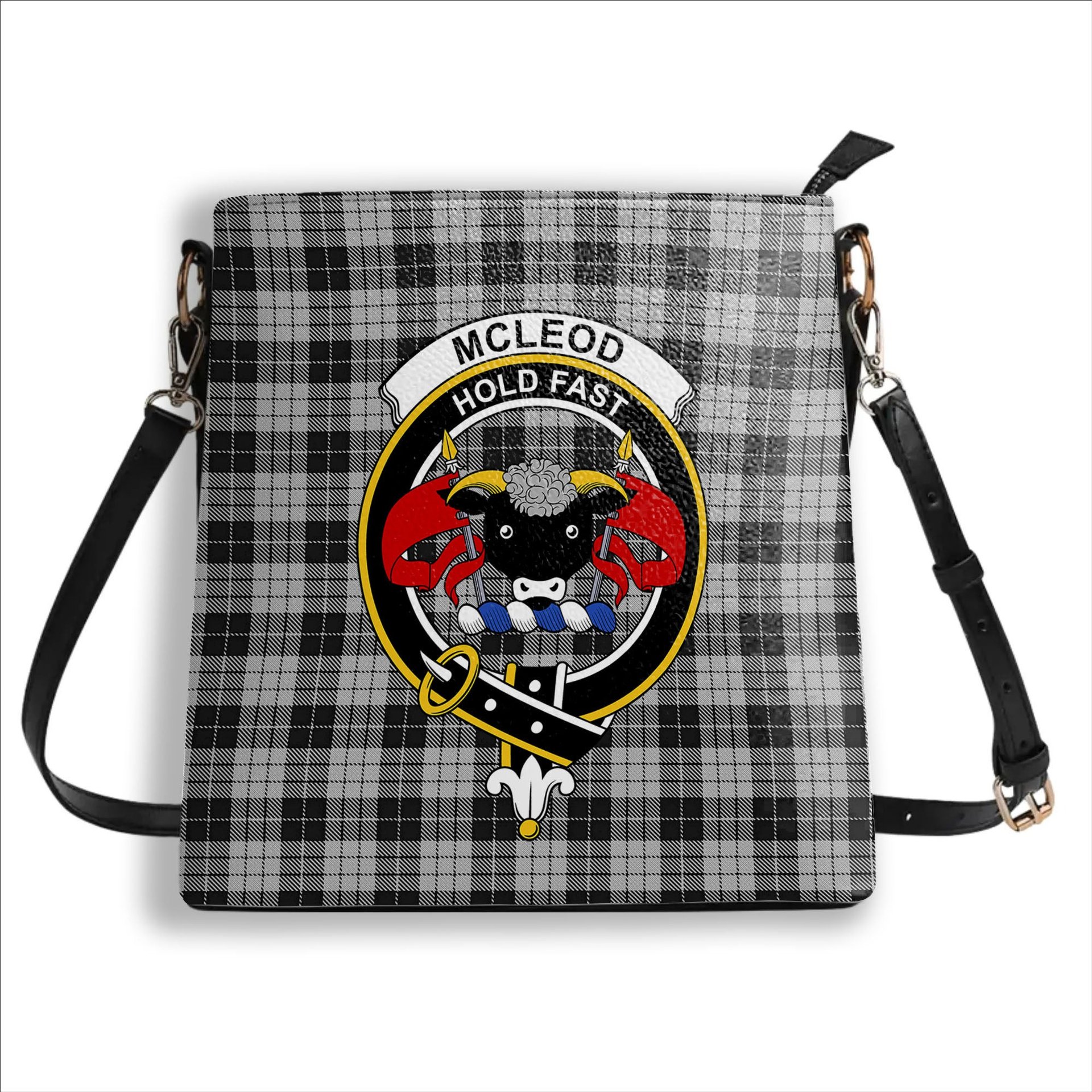 ScotsTee Shop Scottish McLeod Black and White Crest Tartan Bucket Bag Ladies Shoulder Bag Midi