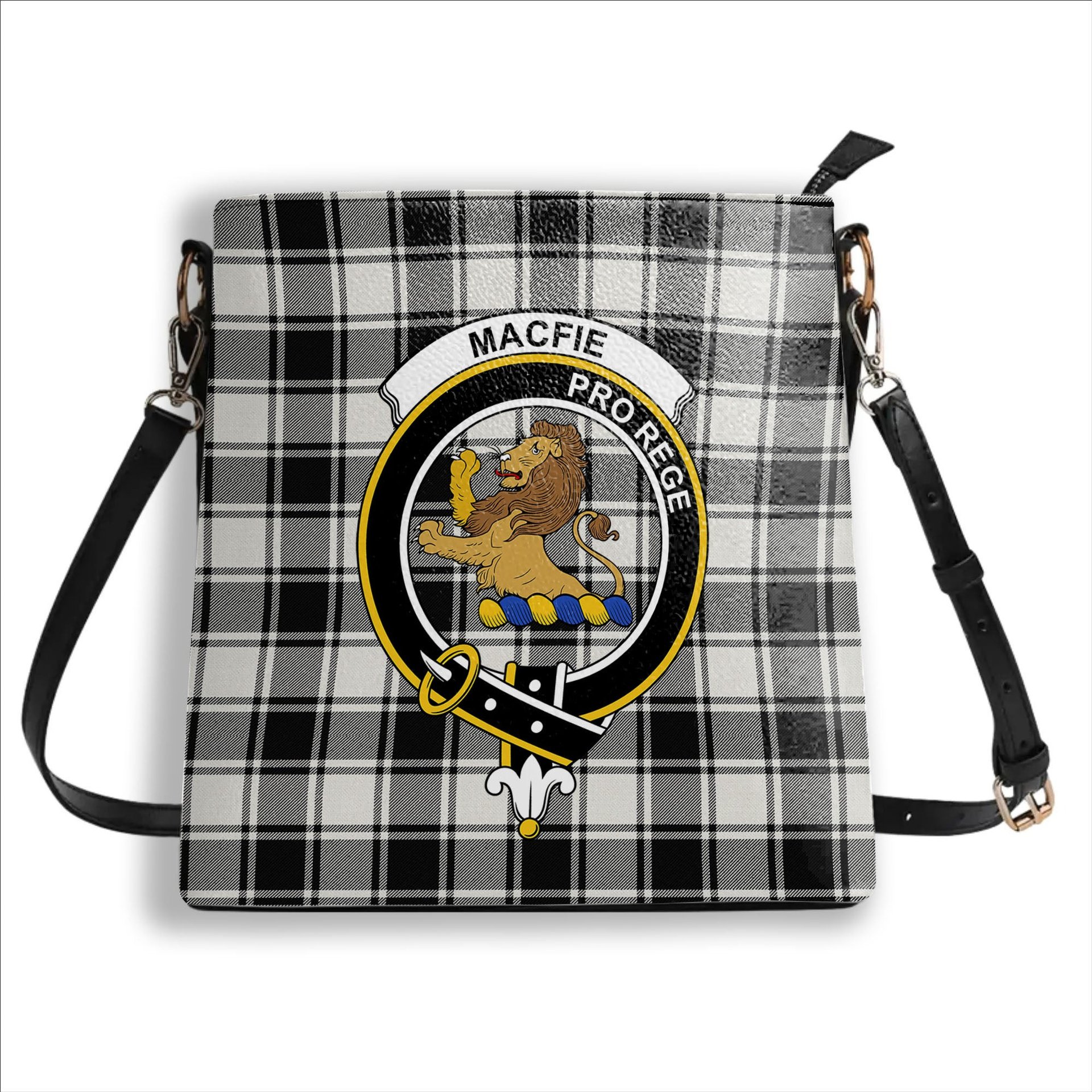 ScotsTee Shop Scottish MacFie Black & White Ancient Crest Tartan Bucket Bag Ladies Shoulder Bag Midi