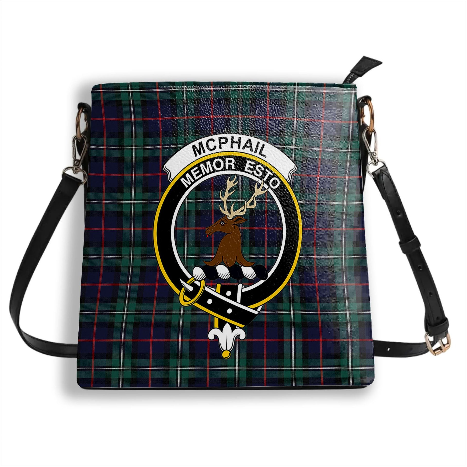 ScotsTee Shop Scottish McPhail Hunting Modern Crest Tartan Bucket Bag Ladies Shoulder Bag Midi