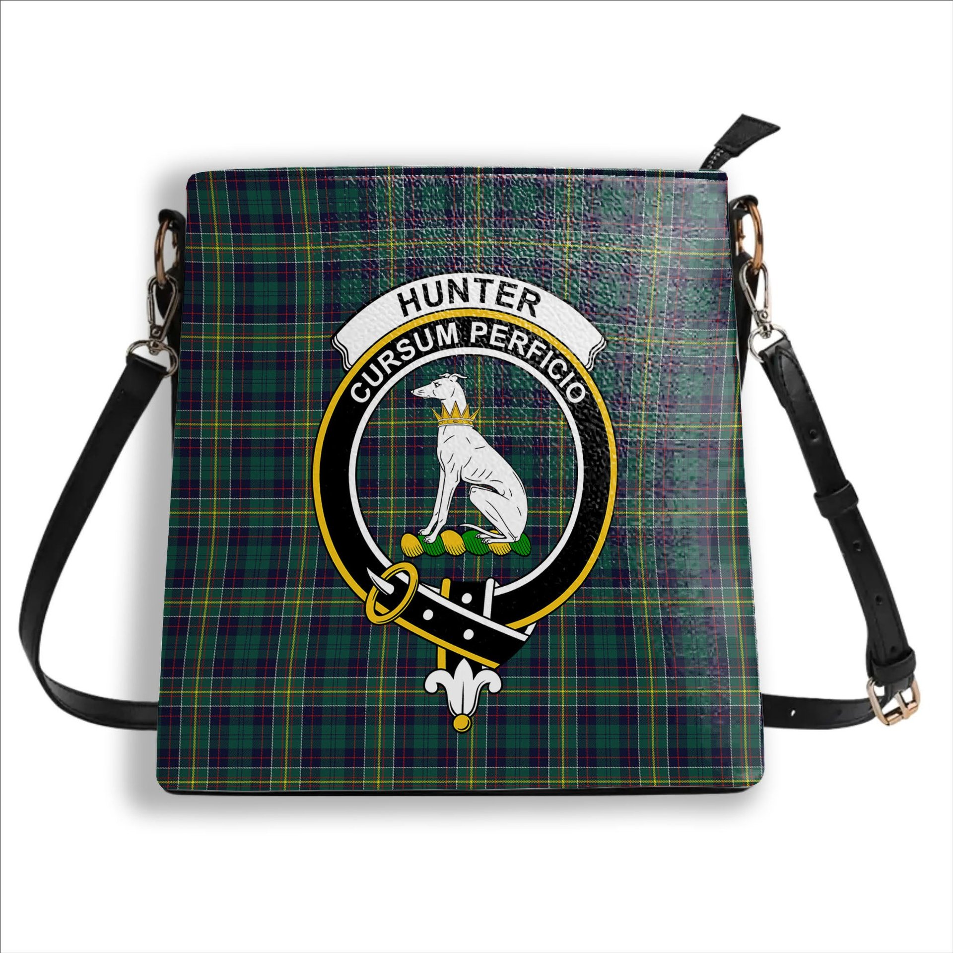 ScotsTee Shop Scottish Hunter of Hunterston Modern Crest Tartan Bucket Bag Ladies Shoulder Bag Midi