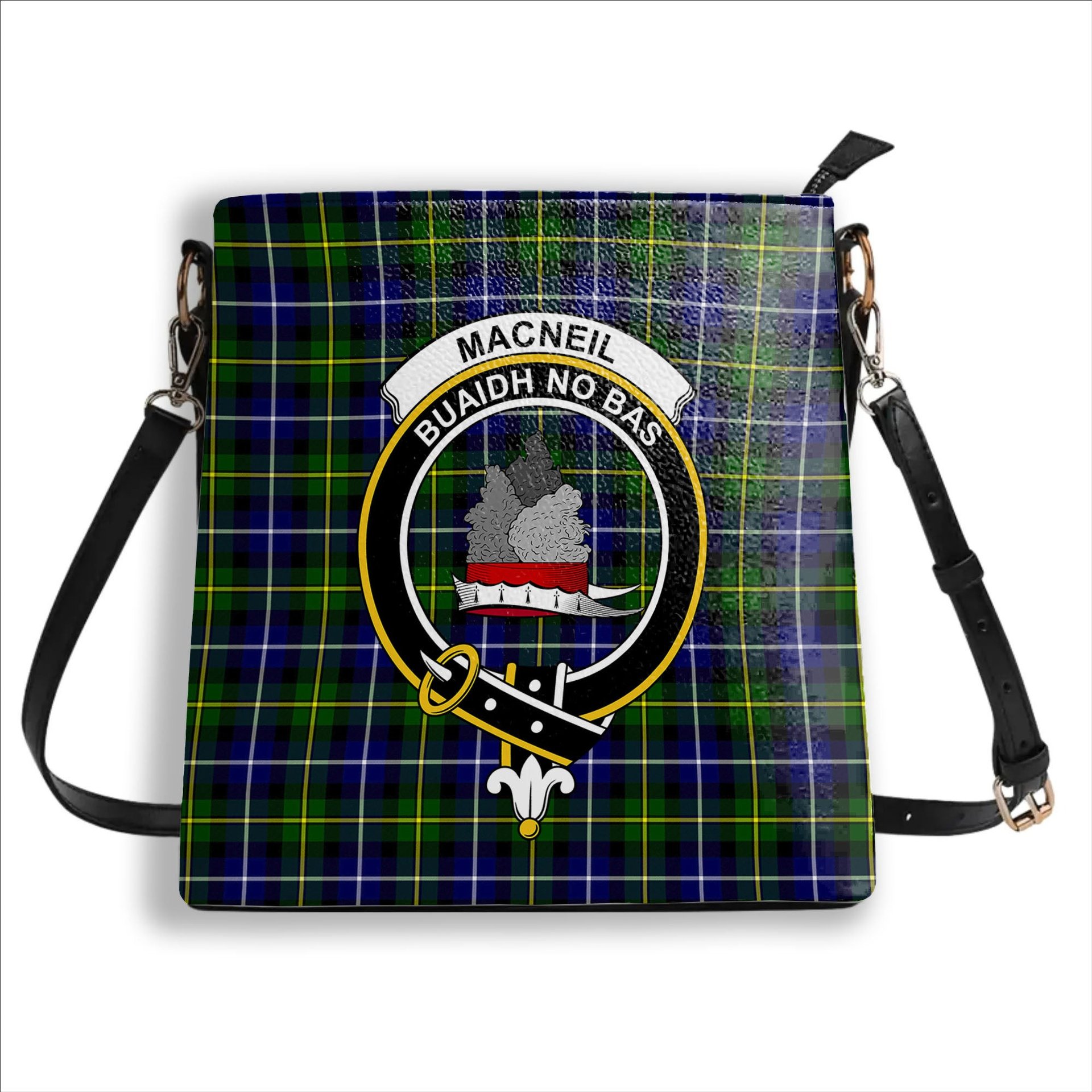 ScotsTee Shop Scottish MacNeill of Barra Modern Crest Tartan Bucket Bag Ladies Shoulder Bag Midi