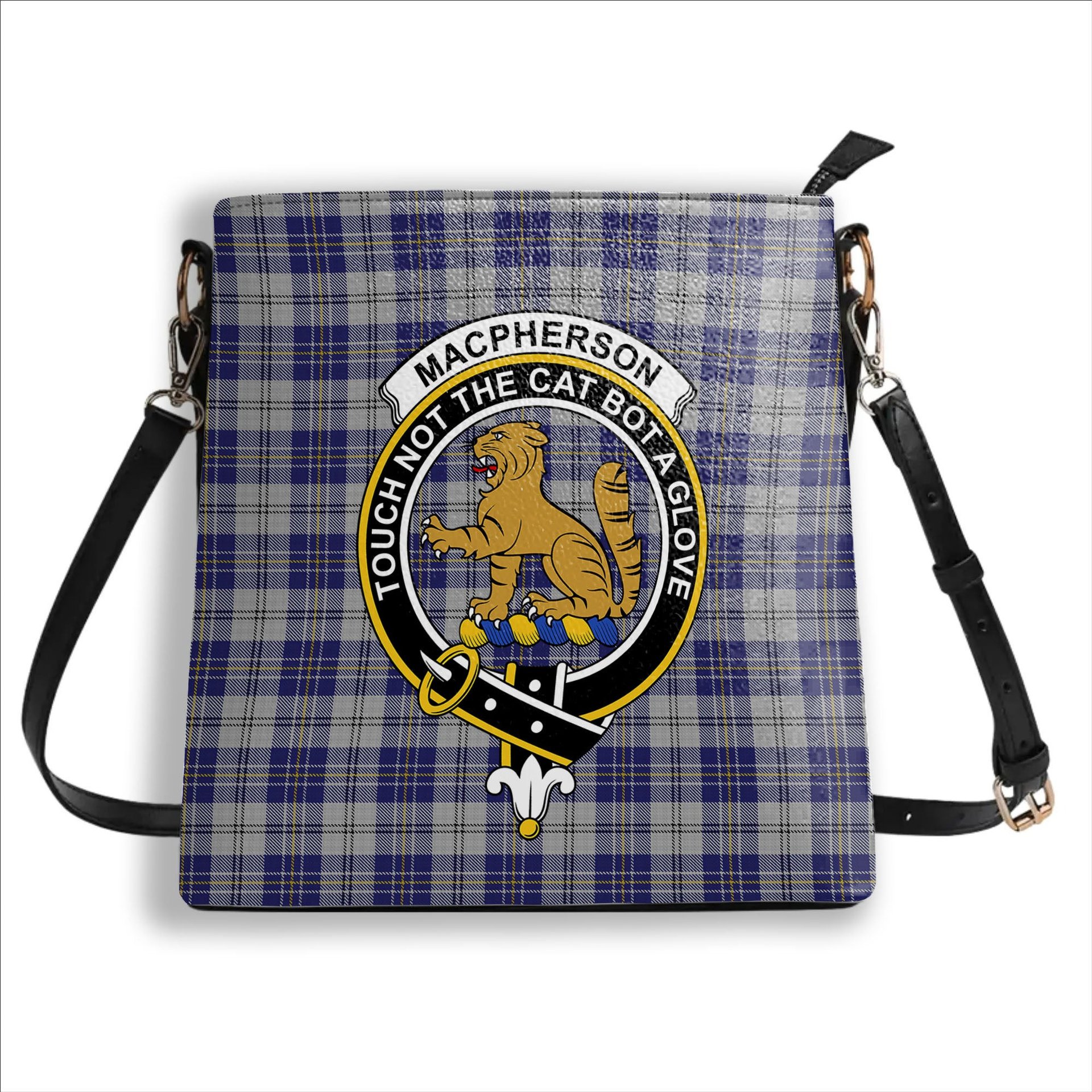 ScotsTee Shop Scottish MacPherson Dress Blue Crest Tartan Bucket Bag Ladies Shoulder Bag Midi