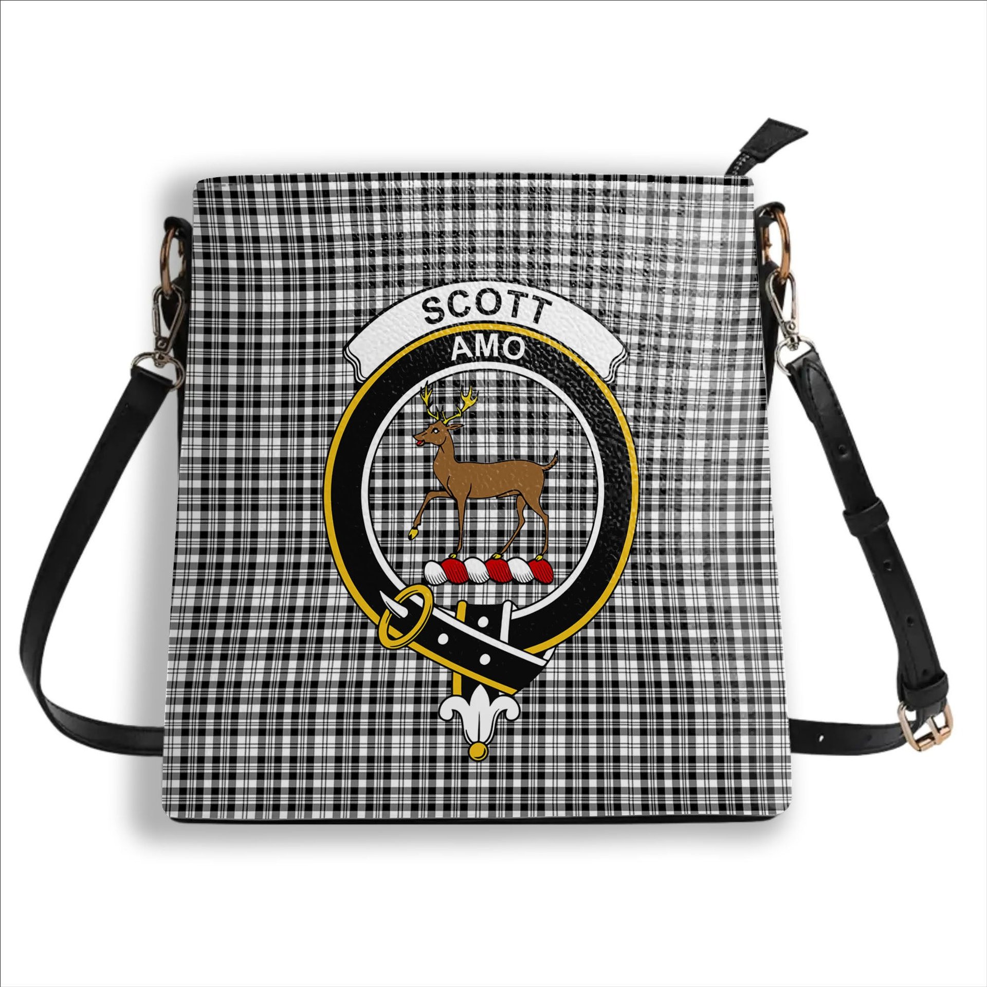 ScotsTee Shop Scottish Scott Black and White Modern Crest Tartan Bucket Bag Ladies Shoulder Bag Midi