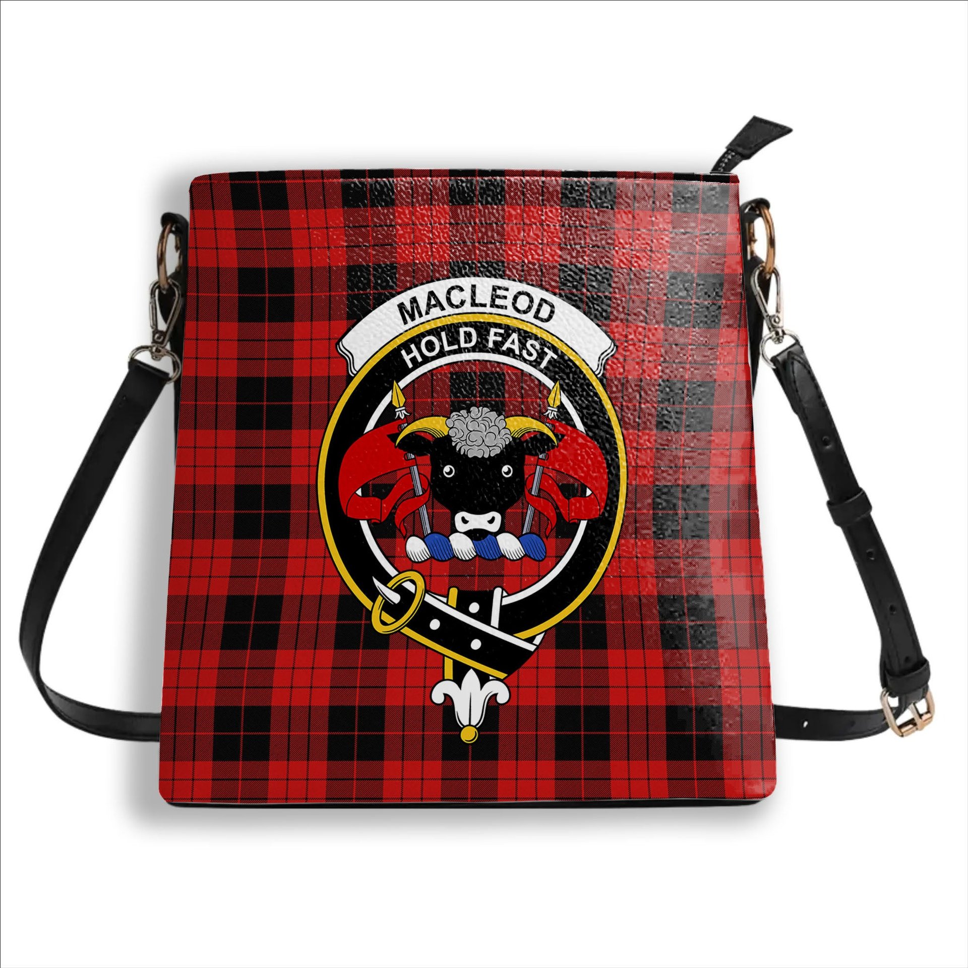 ScotsTee Shop Scottish MacLeod Black and Red Modern Crest Tartan Bucket Bag Ladies Shoulder Bag Midi