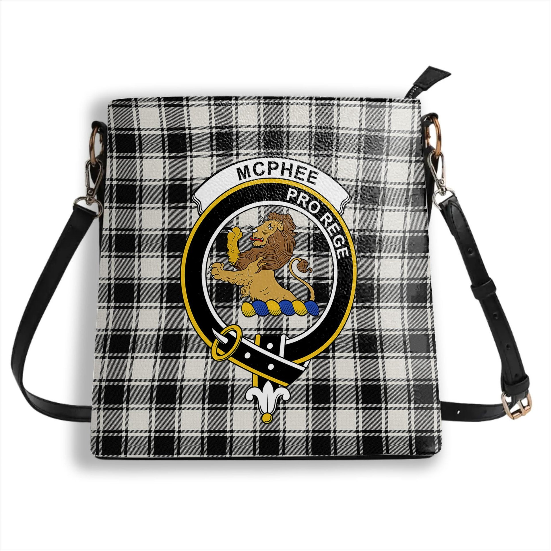 ScotsTee Shop Scottish McPhee B&W Ancient Crest Tartan Bucket Bag Ladies Shoulder Bag Midi