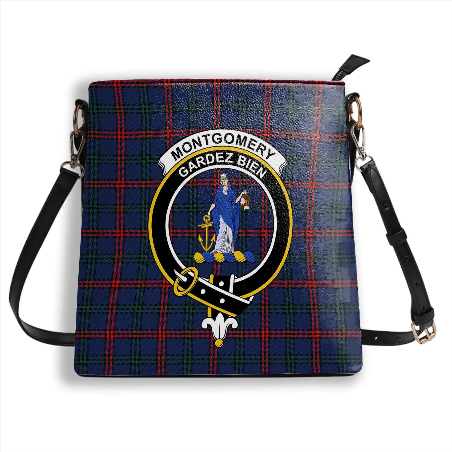 ScotsTee Shop Scottish Montgomery of Ayrshire Modern Crest Tartan Bucket Bag Ladies Shoulder Bag Midi