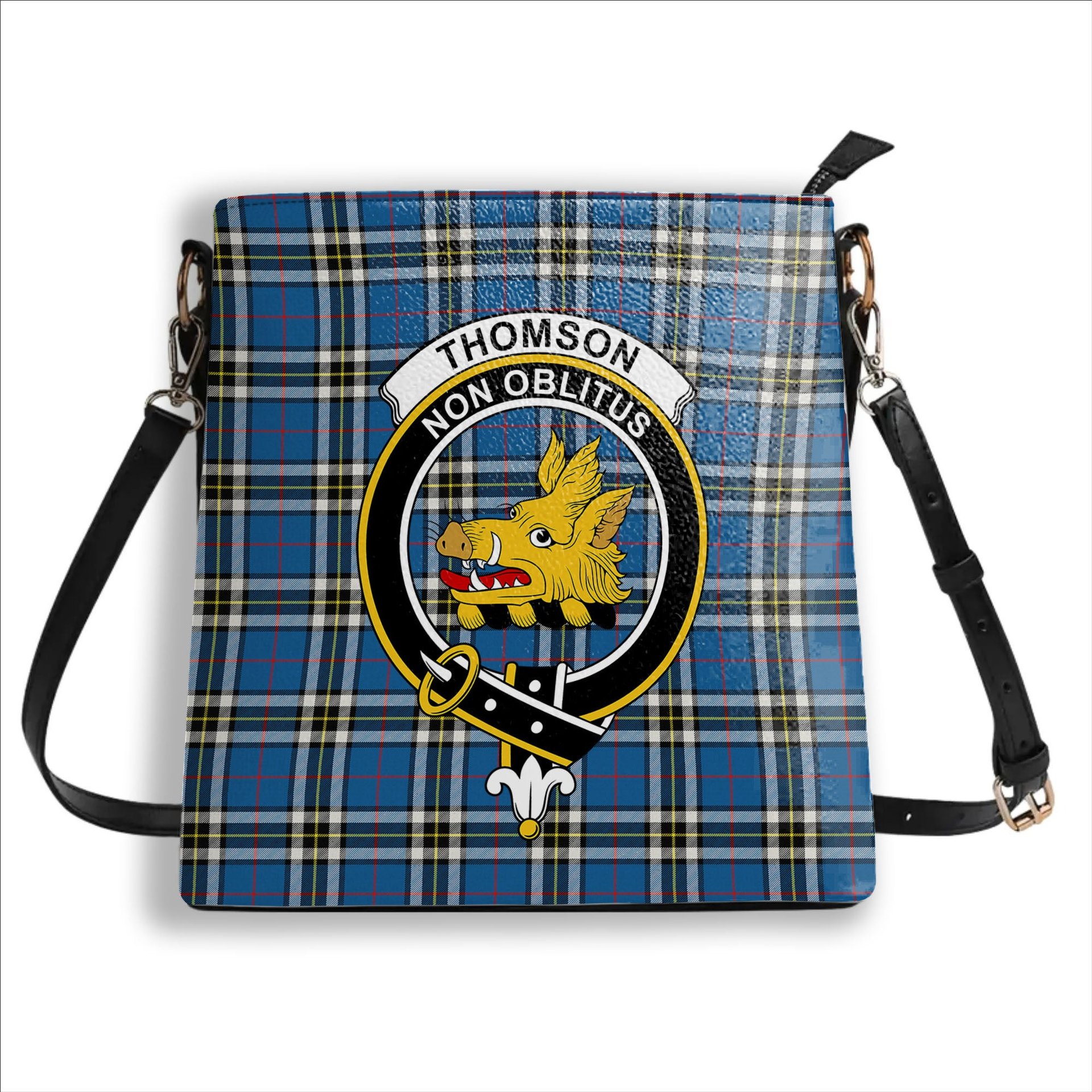 ScotsTee Shop Scottish Thomson Dress Blue Modern Crest Tartan Bucket Bag Ladies Shoulder Bag Midi