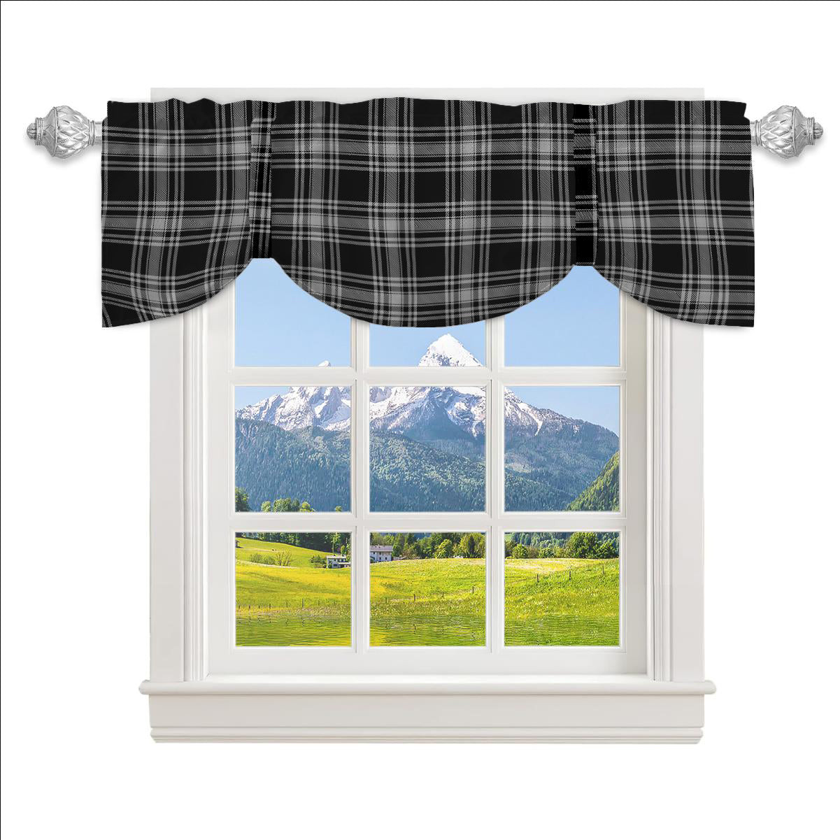 ScotsTee Shop Scottish Menzies Black and White Tartan Tie Up Valance Curtain