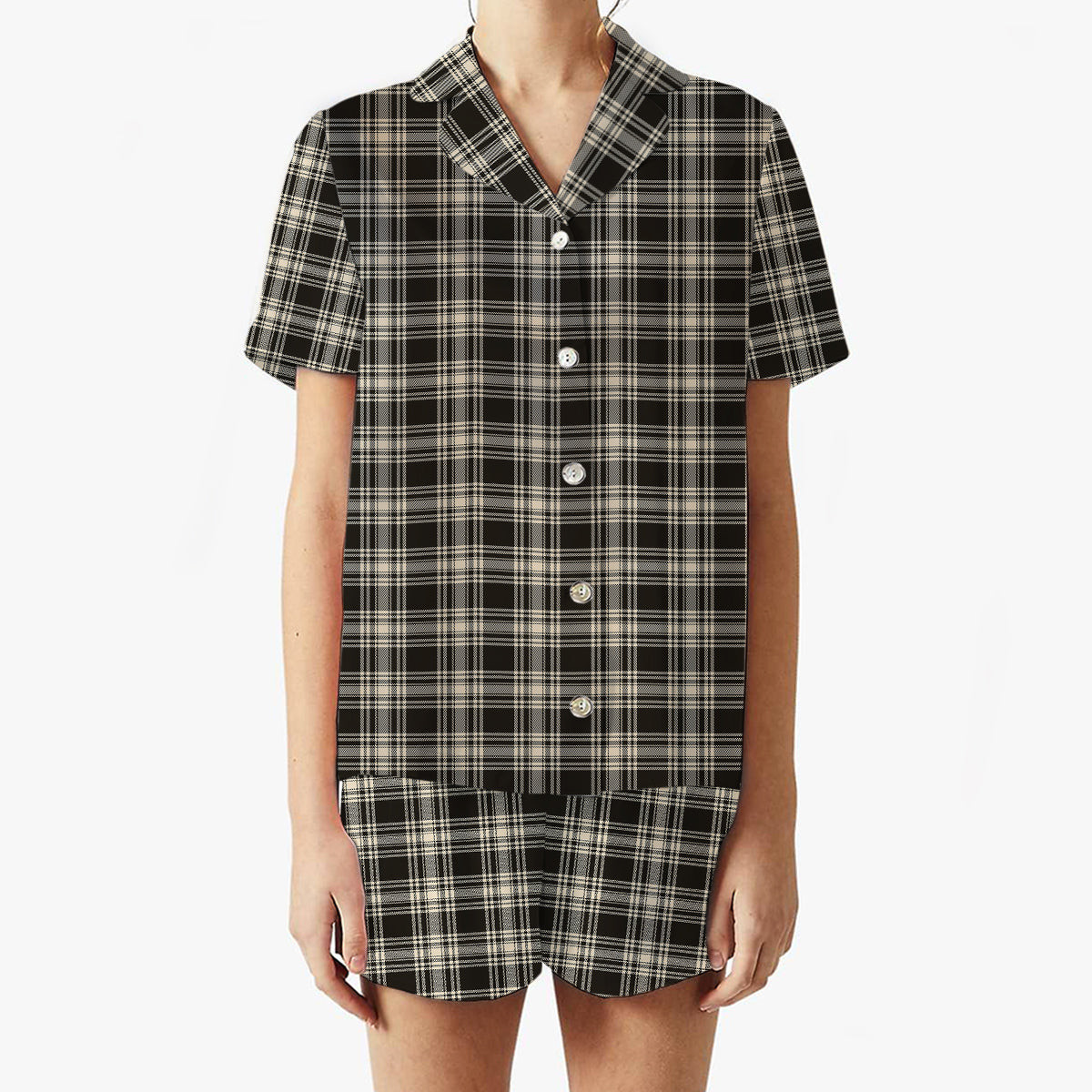ScotsTee Shop Scottish Menzies Black & White Ancient Women's Short Sleeve Short Set Tartan Pyjama Set