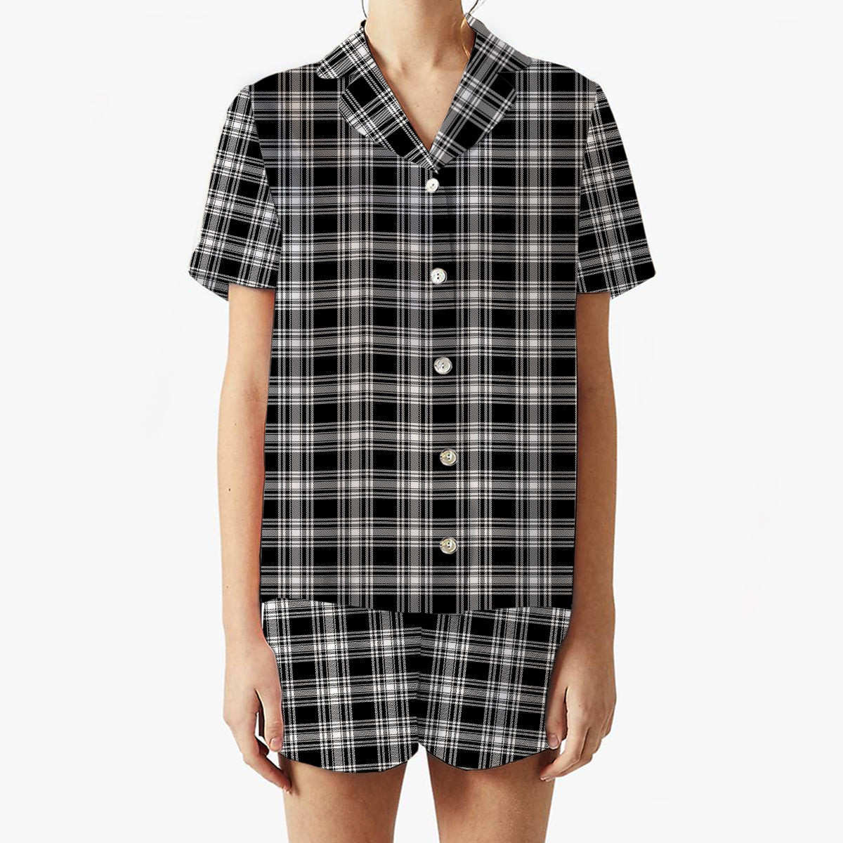 ScotsTee Shop Scottish Menzies Black & White Modern Women's Short Sleeve Short Set Tartan Pyjama Set